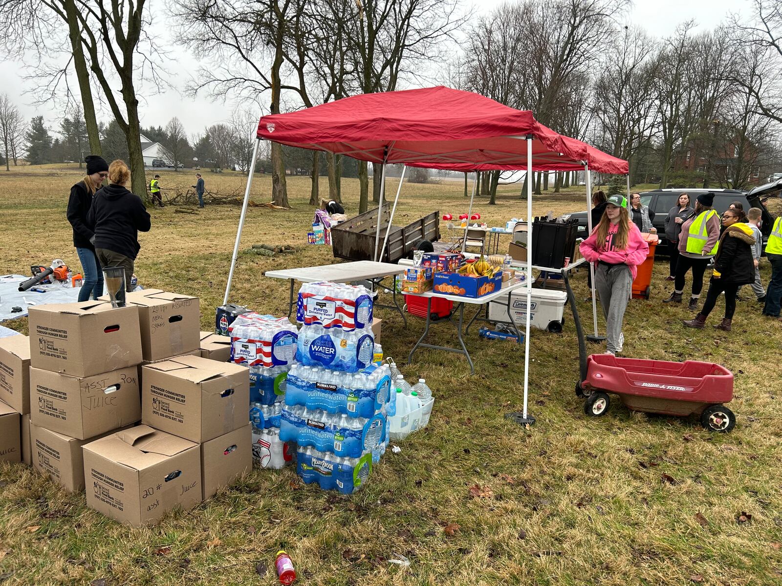 Several area businesses contributed food, water and other items for residents of Newlove Rd. in Harmony Township whose properties were damaged by a tornado on Wednesday morning.