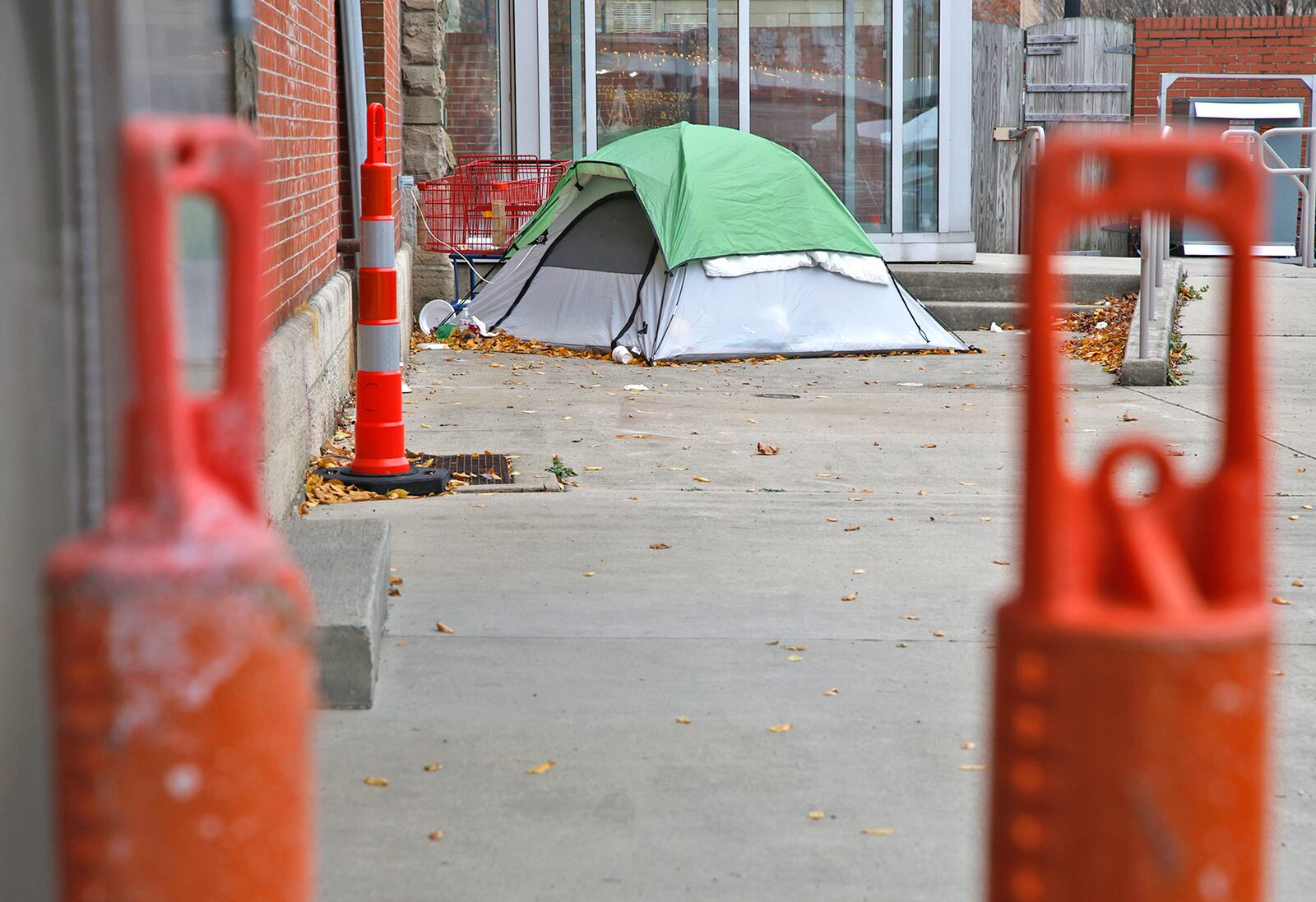 A tent is pitched along the north side of the Clark County Heritage Center Monday, Nov. 27, 2023 for a homeless person trying to find shelter from the cold. BILL LACKEY/STAFF