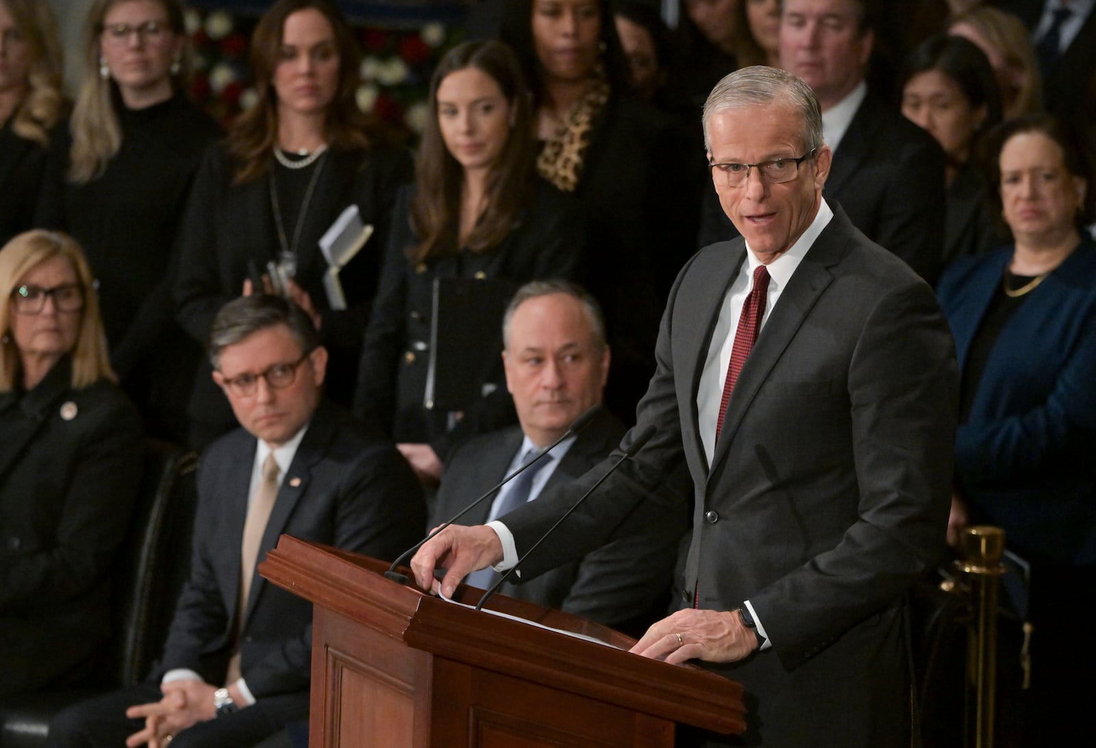 Senate Majority Leader John Thune delivers a eulogy for former President Jimmy Carter as he lies in state during a ceremony in the Capitol, Tuesday, Jan. 7, 2025, in Washington. Carter died Dec. 29 at the age of 100. (Ricky Carioti/The Washington Post via AP, Pool)