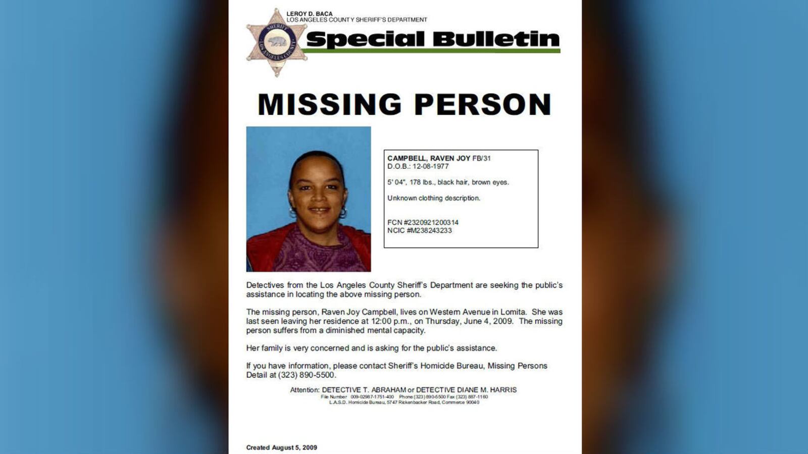 Pictured is a missing person flier for Raven Campbell, 31, who vanished in June 2009 and was missing until her remains were found inside a wall in 2015. Her ex-roommate, Randolph Garbutt, was sentenced to prison Tuesday, Oct. 8, 2019, in her death.