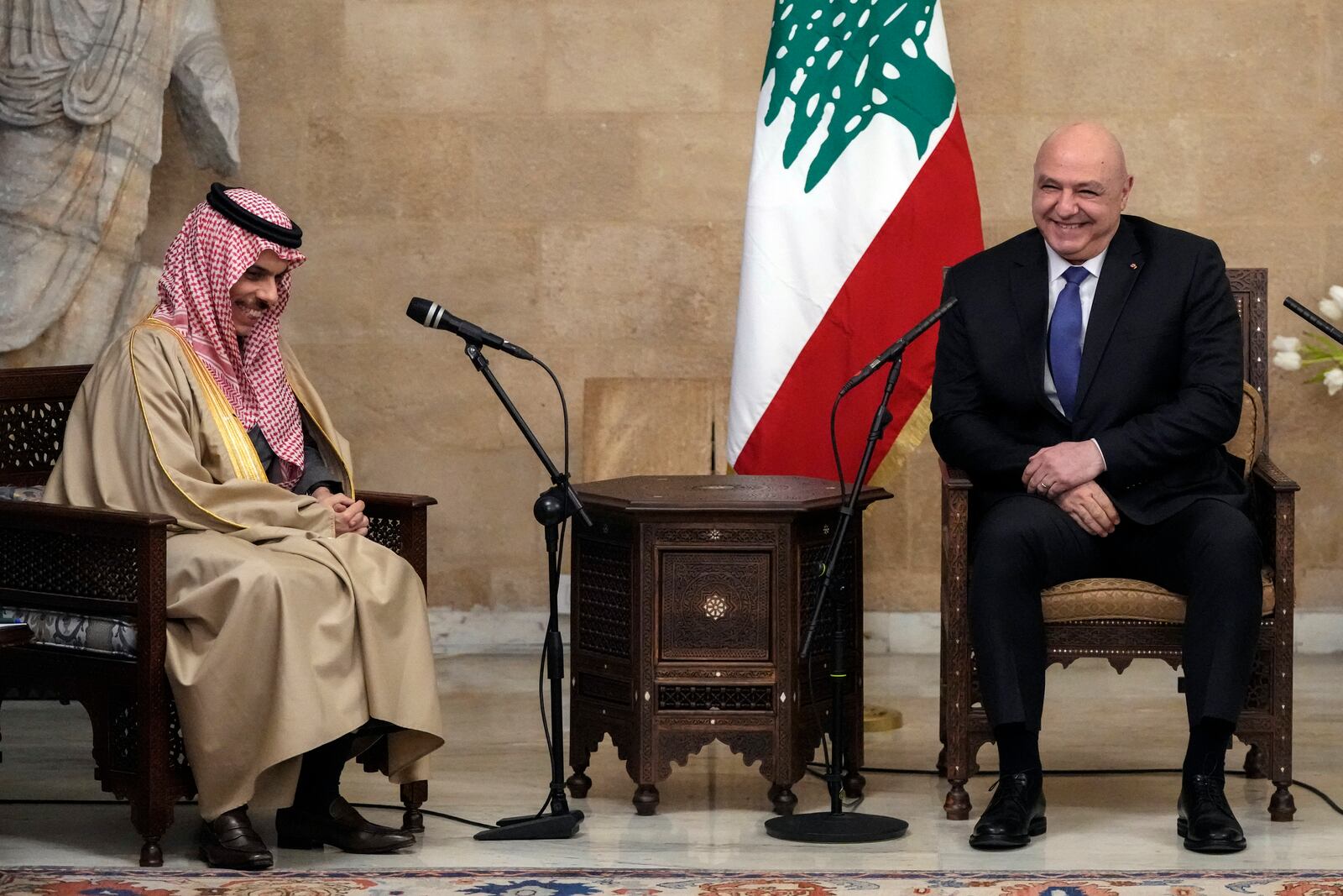 Lebanese President Joseph Aoun, right, meets with Saudi Arabia's Foreign Minister Prince Faisal bin Farhan al-Saud at the presidential palace in Baabda, east of Beirut, Lebanon, Thursday, Jan. 23, 2025. (AP Photo/Hassan Ammar)