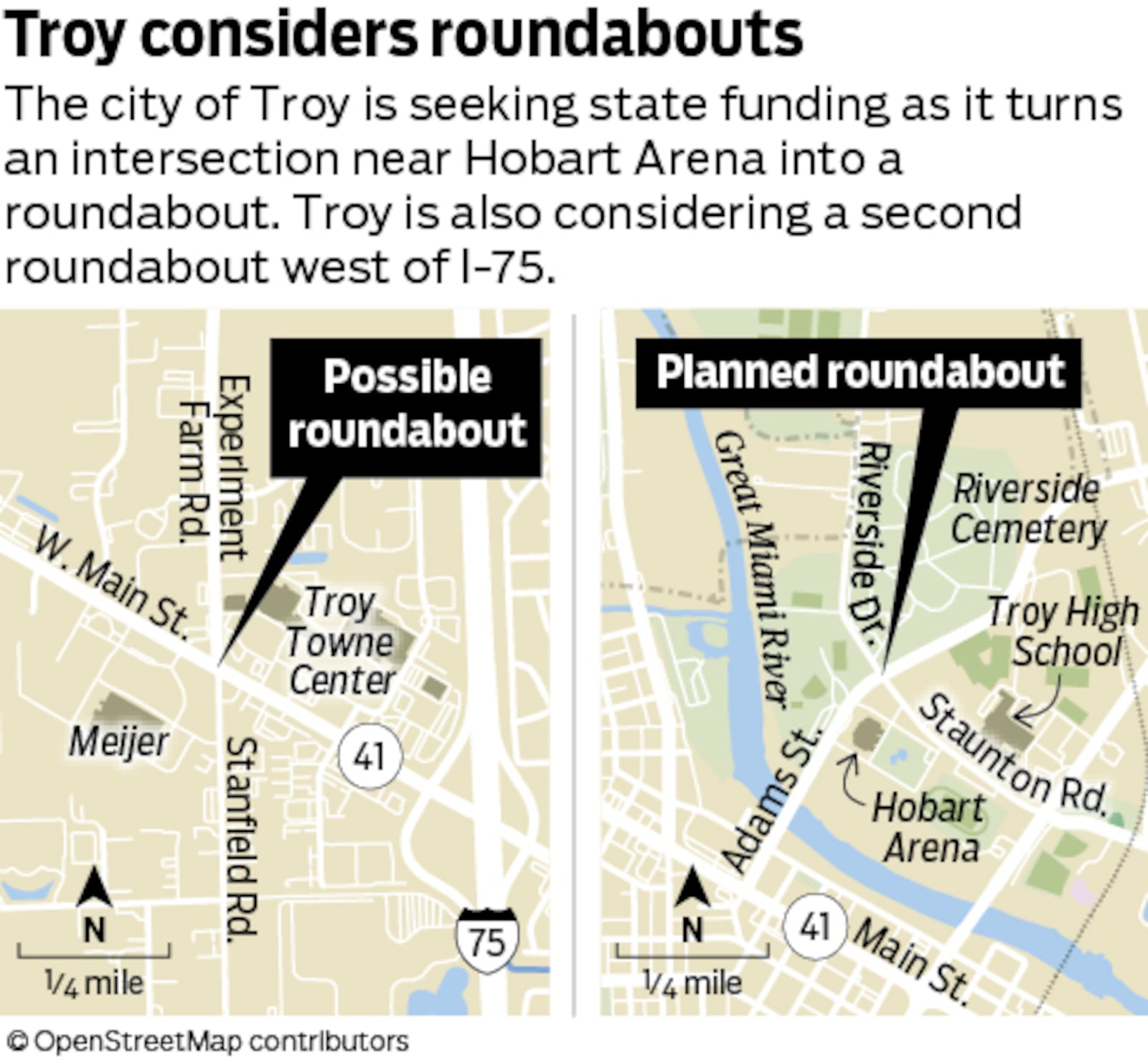 City of Troy has talked during summer 2023 about replacing two intersections with roundabouts