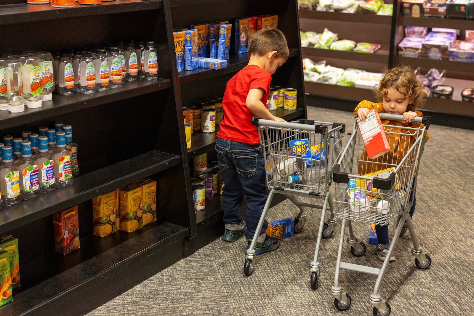 Ryan, 4, and Camryn Nielander, 2, shop at a play grocery store at The Strong National Museum of Play, Tuesday, Oct. 15, 2024, in Rochester, N.Y. (AP Photo/Lauren Petracca)