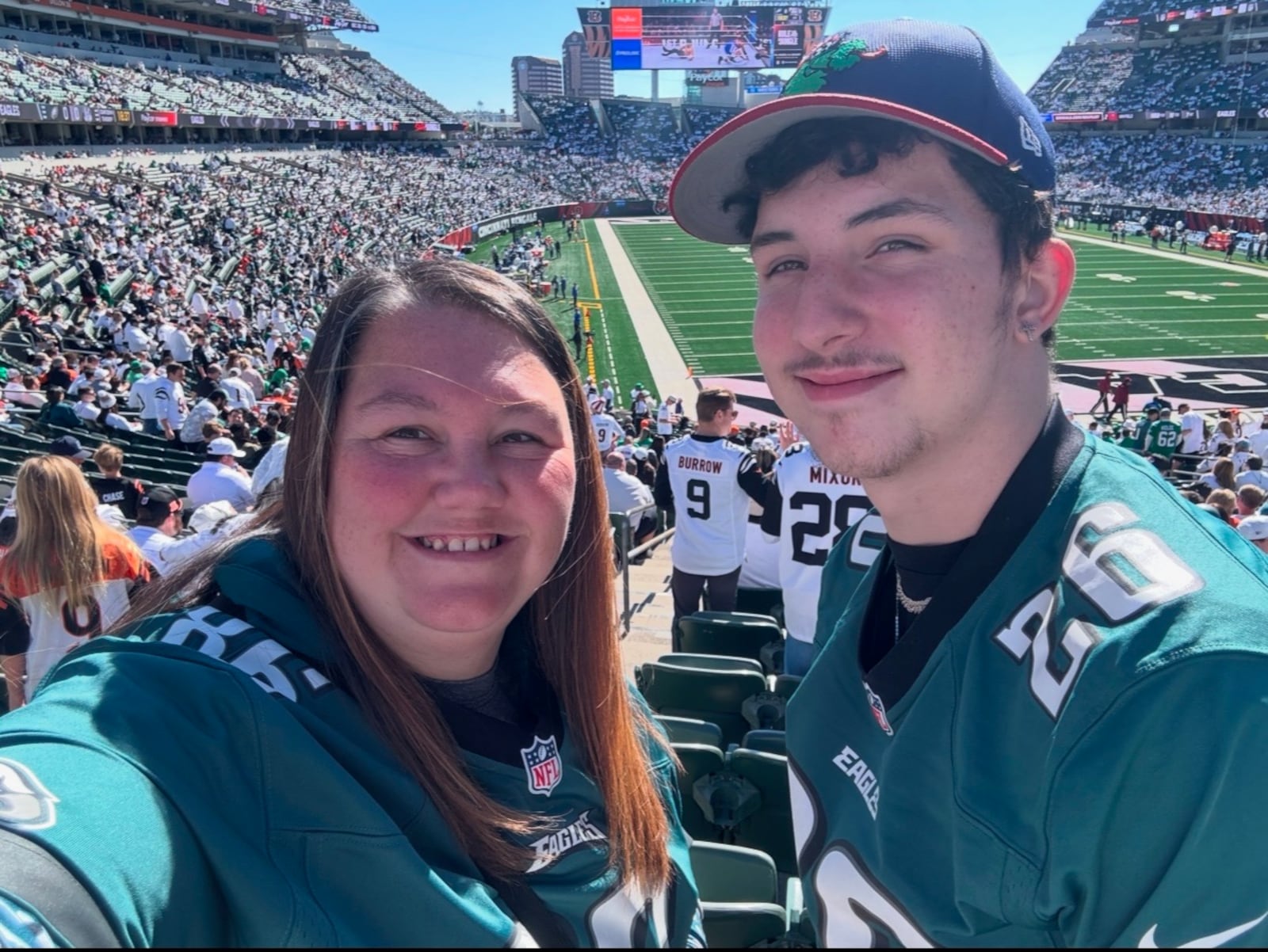 Sarah Pierson, of Middletown, poses for a photo with her son while rooting for the the Philadelphia Eagles to defeat the Cincinnati Bengals at Paycor Stadium on Oct. 20, 2024. The Eagles won 37-17. CONTRIBUTED