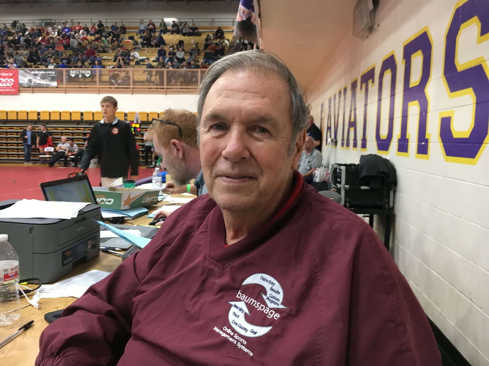 Gary Baumgartner works his baumspage.com magic during the GMVWA Holiday Wrestling Tournament at Vandalia on Thursday, Dec. 27, 2018. MARC PENDLETON / STAFF