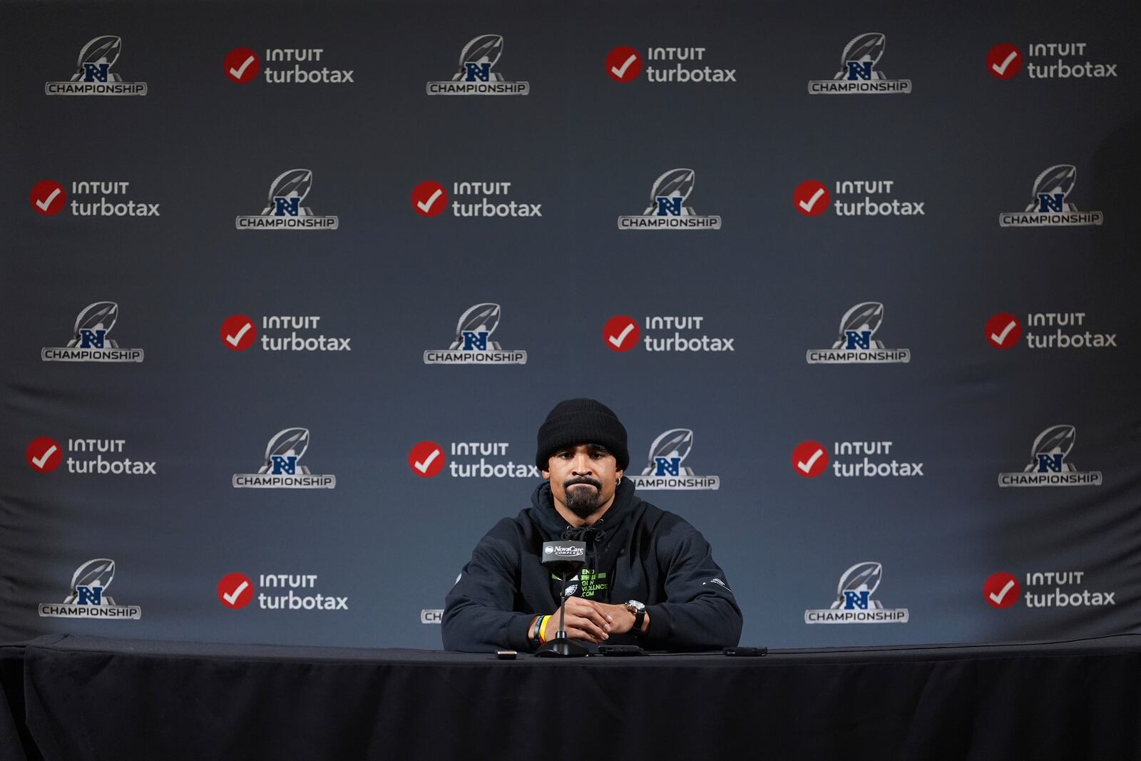 Philadelphia Eagles' Jalen Hurts speaks during a news conference at the NFL football team's training facility, Wednesday, Jan. 22, 2025, in Philadelphia. (AP Photo/Matt Slocum)