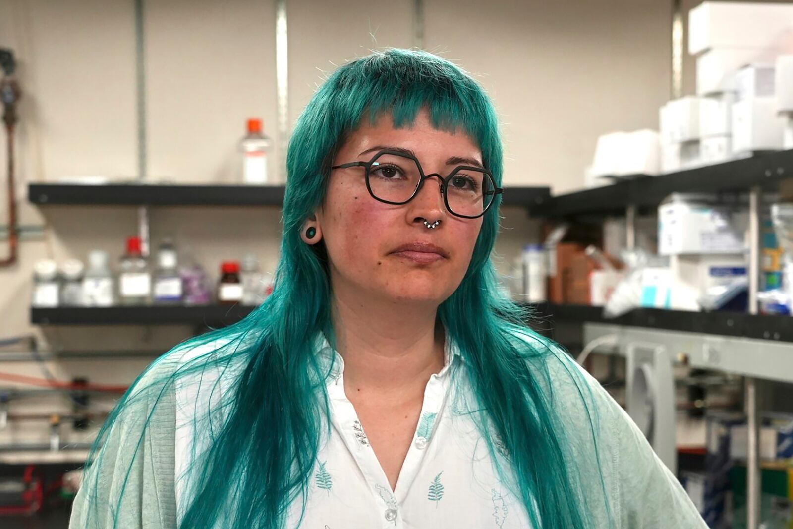 Kendra Dahmer, a postdoctoral researcher studying infectious disease, is pictured in a laboratory at the University of California, Berkeley, in Berkeley, Calif., Monday, Feb. 3, 2025. (AP Photo/Terry Chea)