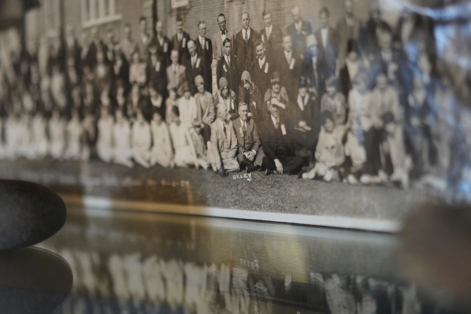 A photo of the 1875 Swedish Baptist Church congregation sits on display in the entryway of the church, now known as the Indian Lake Baptist Church, in Worthington, Minn., on Sunday, Oct. 20, 2024. (AP Photo/Jessie Wardarski)