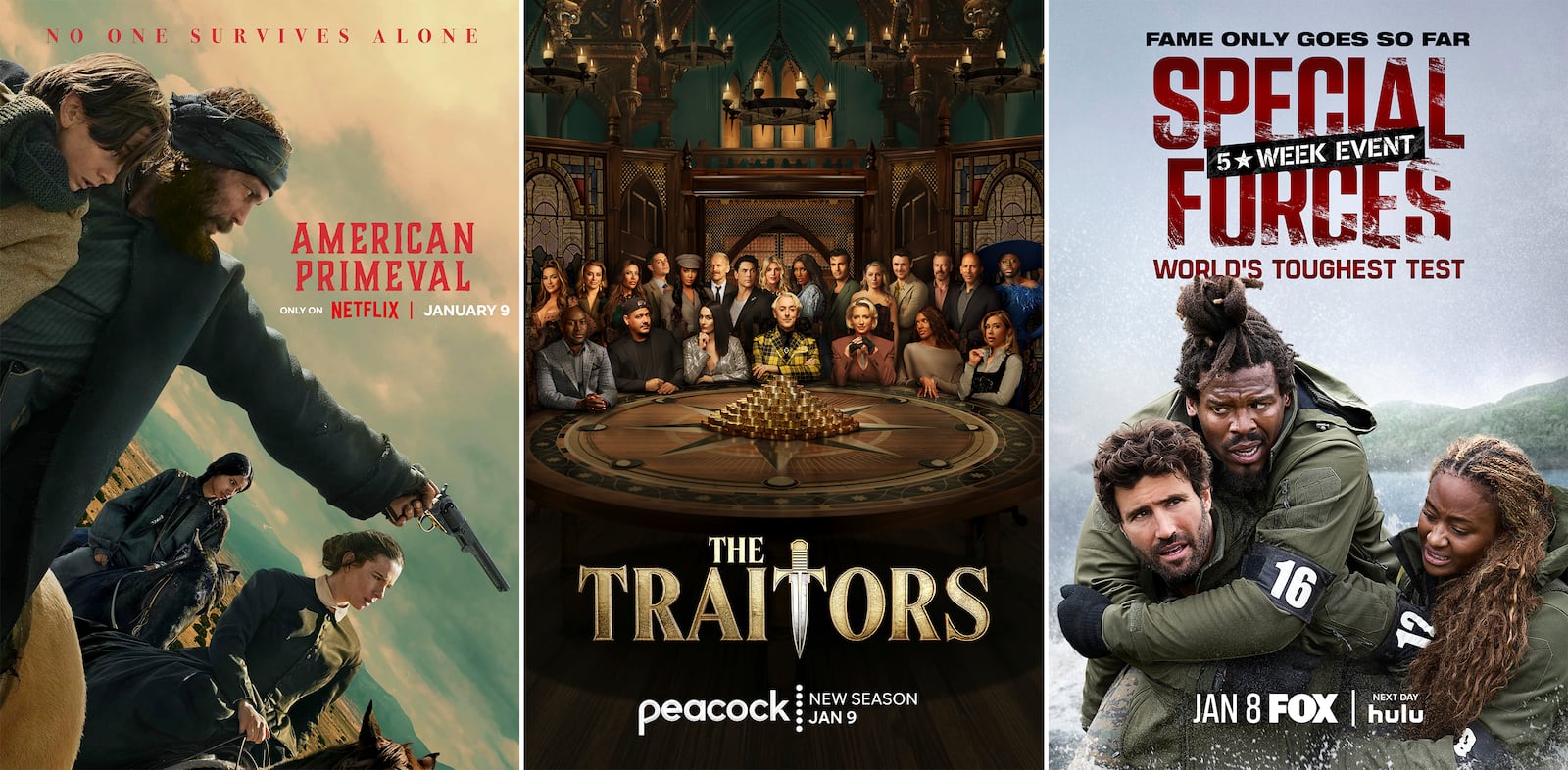 This combination of images shows promotional art for "American Primeval", from left, " The Traitors", and "Special Forces". (Netflix/Peacock/Fox via AP)