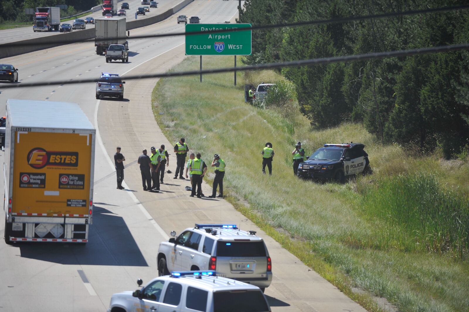 A Huber Heights police officer was injured when it was struck during a pursuit involving the Ohio State Highway Patrol on westbound Interstate 70 on Thursday, Aug. 20, 2020.