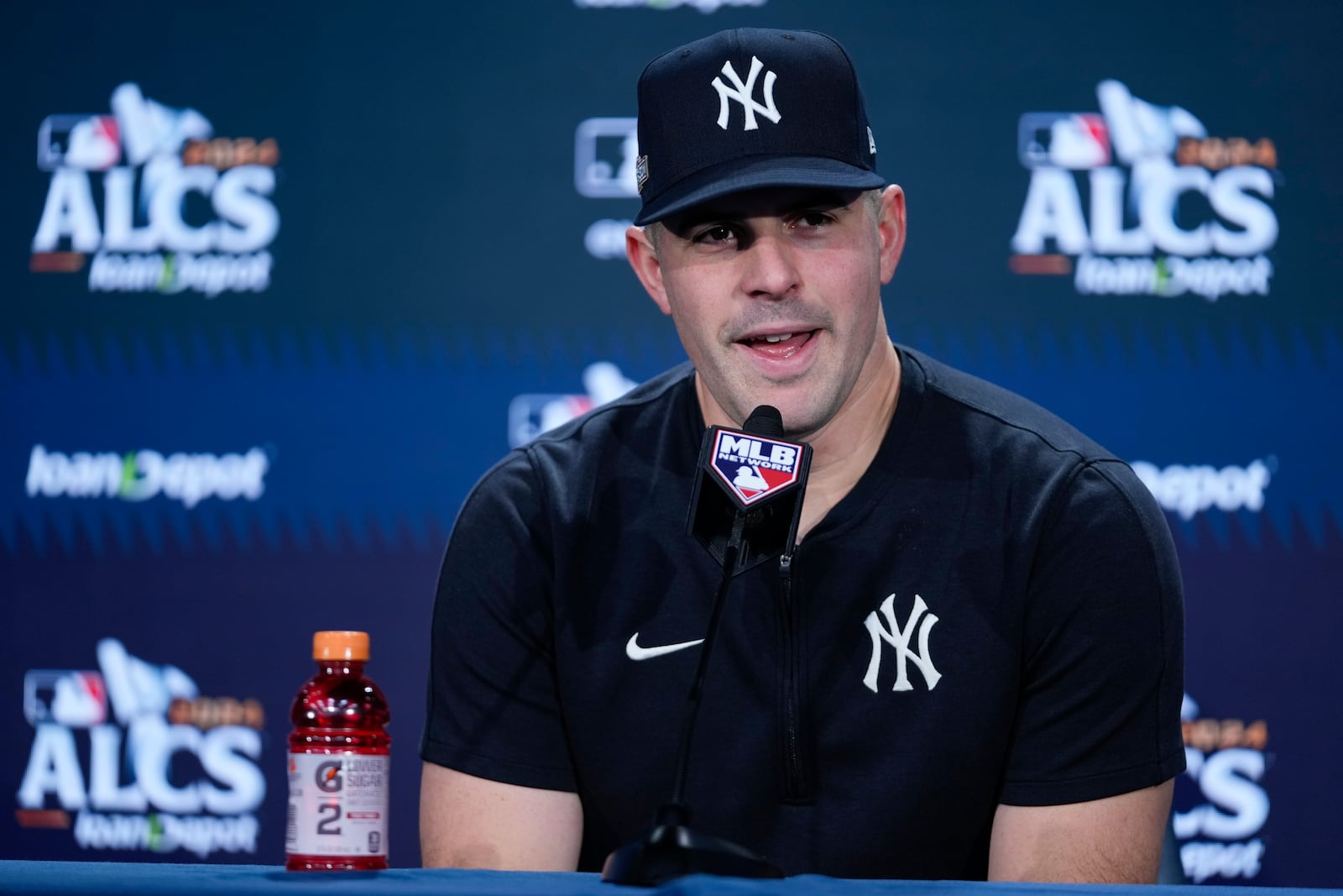 New York Yankees pitcher Carlos Rodón speaks during a news conference ahead of an American League Championship series baseball game against the Cleveland Guardians, Sunday, Oct. 13, 2024, in New York. (AP Photo/Frank Franklin II)