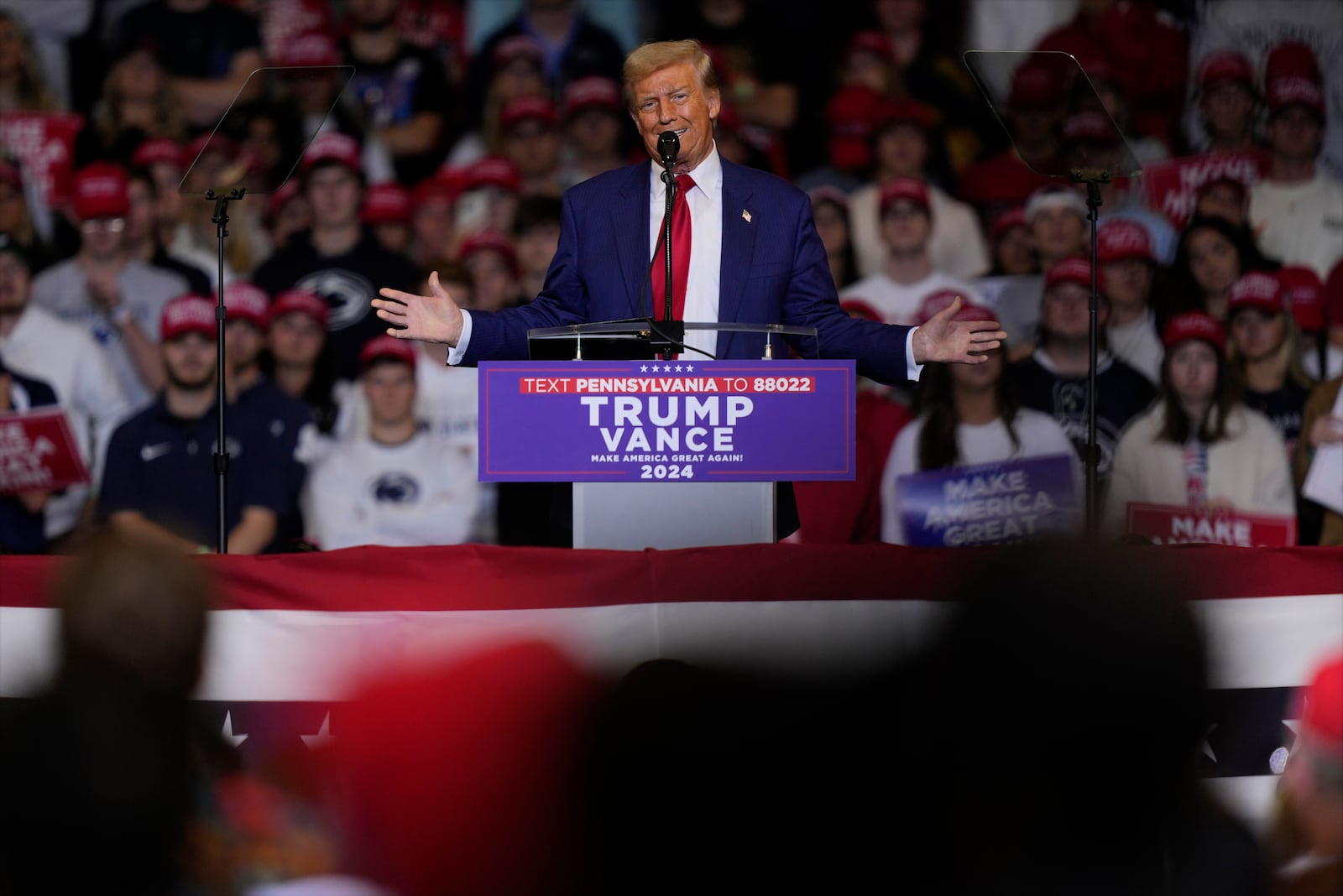 Republican presidential nominee former President Donald Trump speaks at a campaign rally in State College, Pa., Saturday, Oct. 26, 2024. (AP Photo/Matt Rourke)