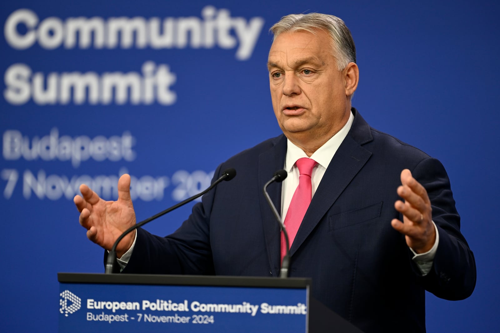 Hungary's Prime Minister Viktor Orban gestures during a press conference during the European Political Community (EPC) Summit at the Puskas Arena in Budapest , Hungary, Thursday, Nov. 7, 2024. (AP Photo/Denes Erdos)