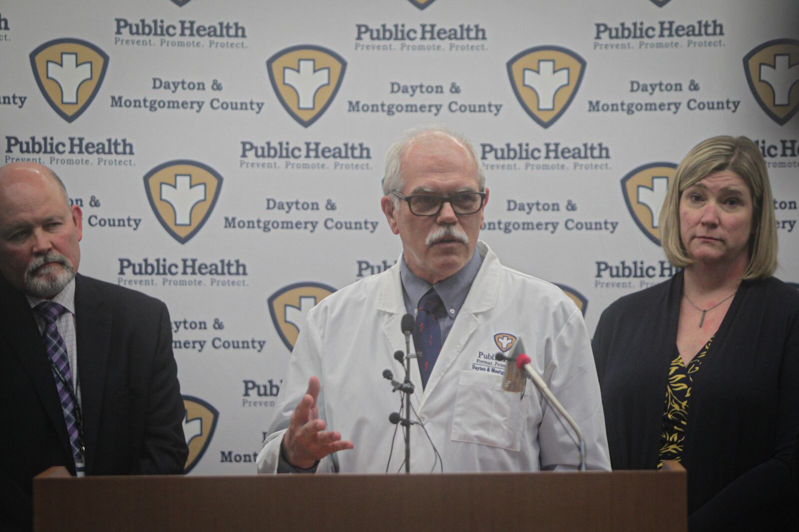 From left, Health Commissioner, Jeff Cooper, Public Health Medical Director, Michael Dohn and Dayton Mayor, Nan Whaley address the press concerning the Coronavirus Wednesday afternoon.JIM NOELKER/STAFF