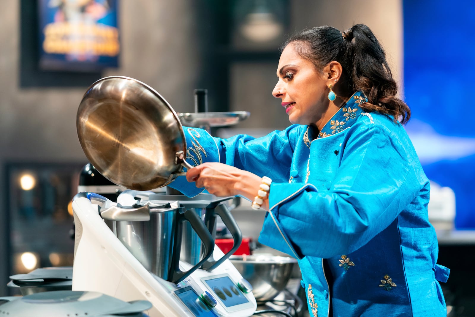 This image released by Warner Bros. Discovery shows contestant Maneet Chauhan during season five of Food Network's "Tournament of Champions". (Anders Krusberg/Warner Bros. Discovery via AP)