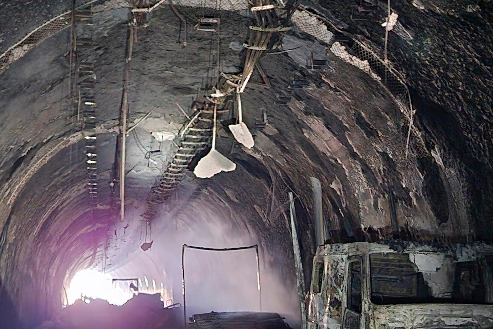 In this photo released by the Wyoming Highway Patrol, charred vehicles are seen after a Friday accident and fire in the Green River Tunnel along Interstate 80, Feb. 15, 2025, in Green River, Wyo. (Wyoming Highway Patrol via AP)