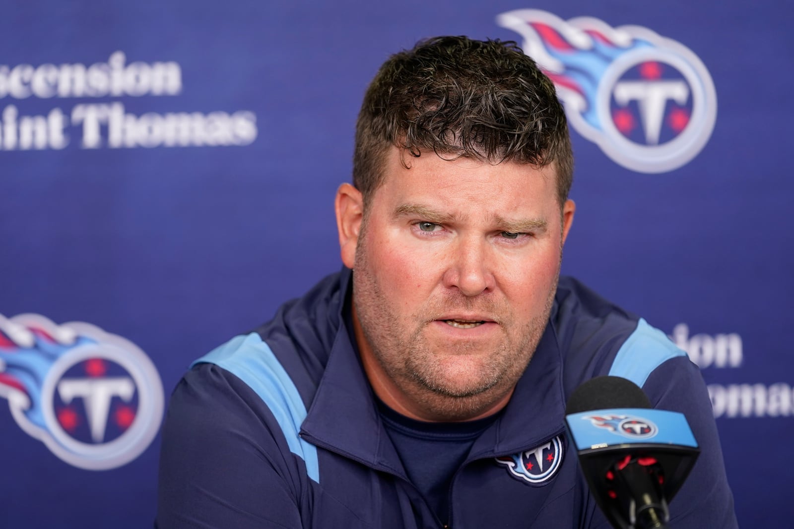 FILE - Tennessee Titans general manager Jon Robinson answers questions at an NFL football news conference Tuesday, July 26, 2022, in Nashville, Tenn. (AP Photo/Mark Humphrey, File)