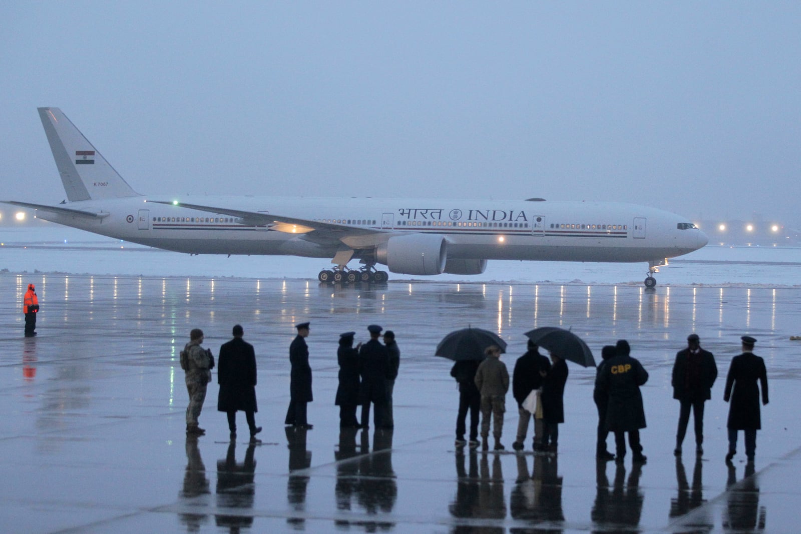 India's Prime Minister Narendra Modi arrives on his plane at Joint Base Andrews, Md., Wednesday, Feb. 12, 2025. (AP Photo/Luis M. Alvarez)