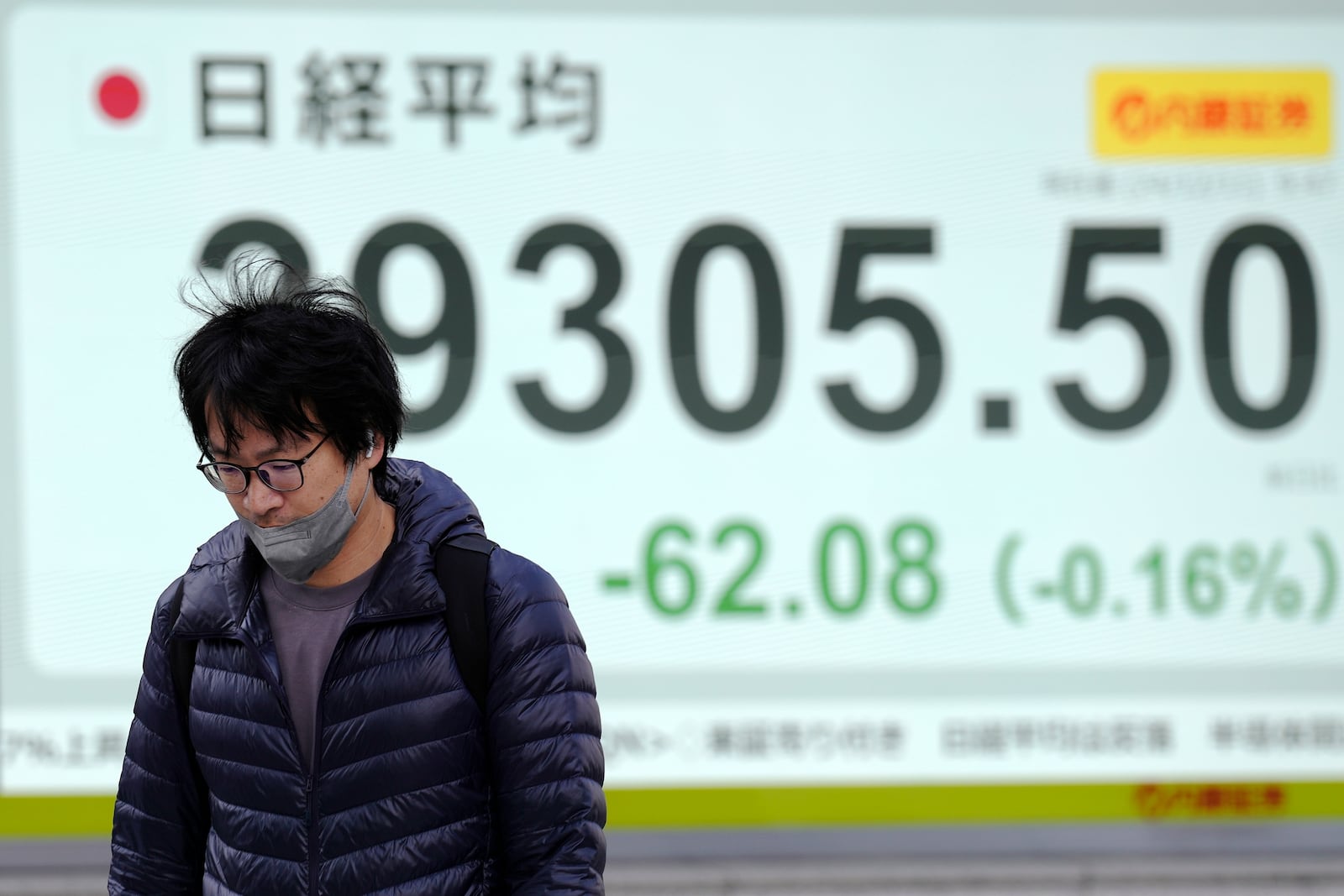 A person walks in front of an electronic stock board showing Japan's Nikkei index at a securities firm Wednesday, Dec. 11, 2024, in Tokyo. (AP Photo/Eugene Hoshiko)