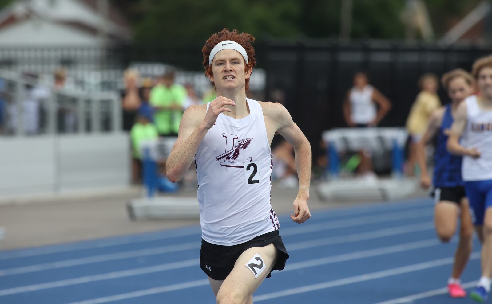 Lebanon's Calvin Kilgallon runs to victory in the the 800-meter run at the Division I state championship trophy after winning the team title on Saturday, June 1, 2024, at Welcome Stadium in Dayton. David Jablonski/Staff