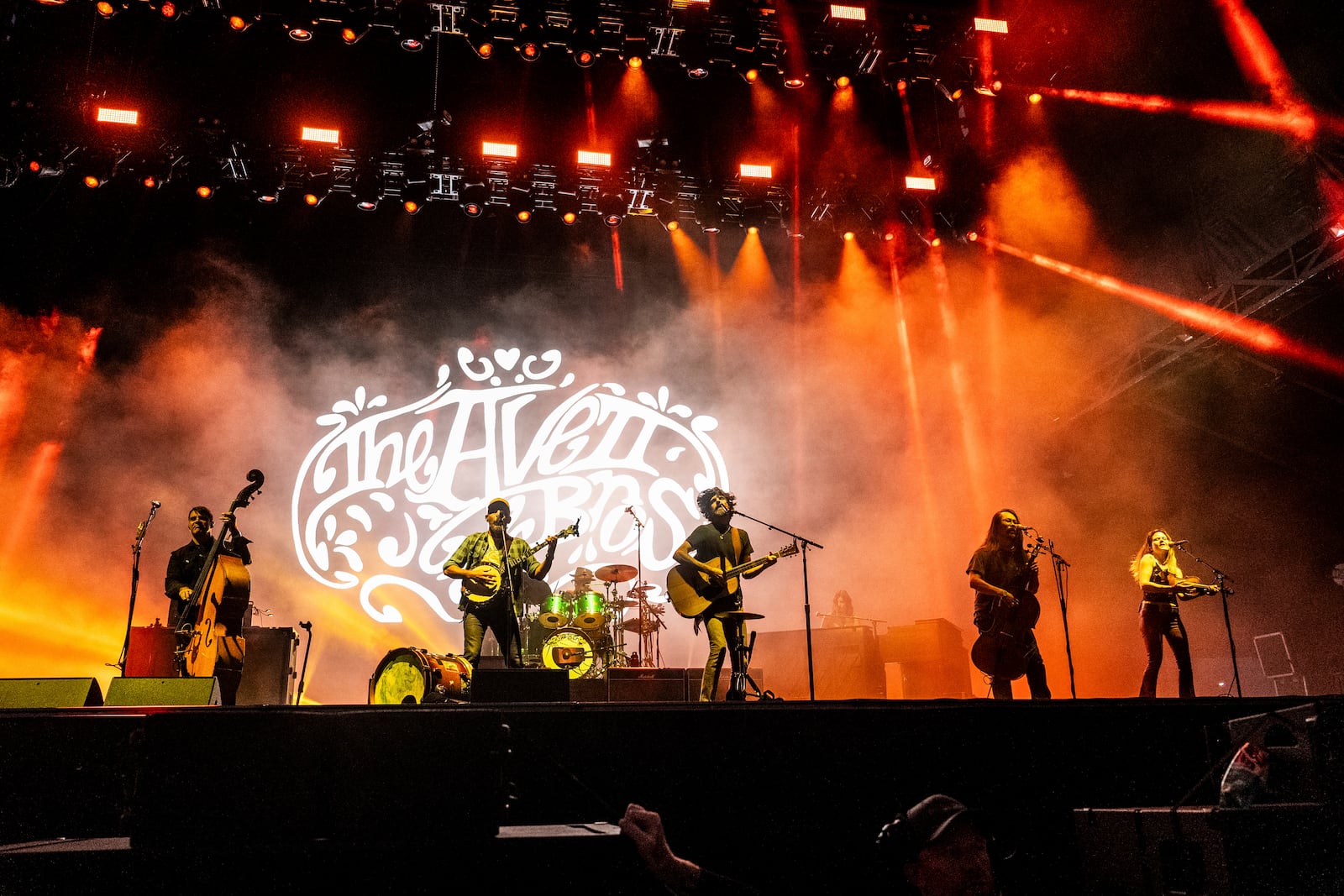 From left, Bob Crawford, Scott Avett, Seth Avett, Joe Kwon, and Tania Elizabeth of The Avett Brothers perform during Bourbon and Beyond Music Festival on Saturday, Sept. 16, 2023, at Kentucky Exposition Center in Louisville, Ky. (Photo by Amy Harris/Invision/AP)