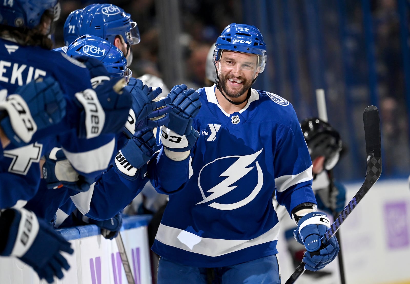 Tampa Bay Lightning center Luke Glendening (11) celebrates after his short-handed goal during the first period of an NHL hockey game against the Colorado Avalanche, Monday, Nov. 25, 2024, in Tampa, Fla. (AP Photo/Jason Behnken)