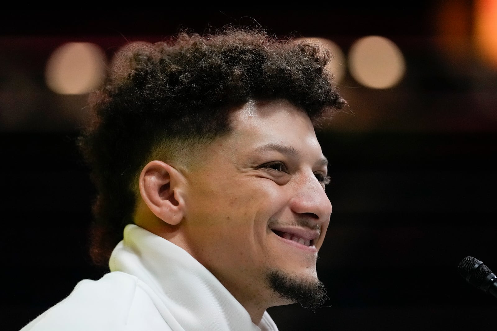 Kansas City Chiefs quarterback Patrick Mahomes (15) participates during Super Bowl 59 Opening Night, Monday, Feb. 3, 2025, in New Orleans, ahead of the NFL football game between the Philadelphia Eagles and the Kansas City Chiefs Sunday. (AP Photo/Matt York)