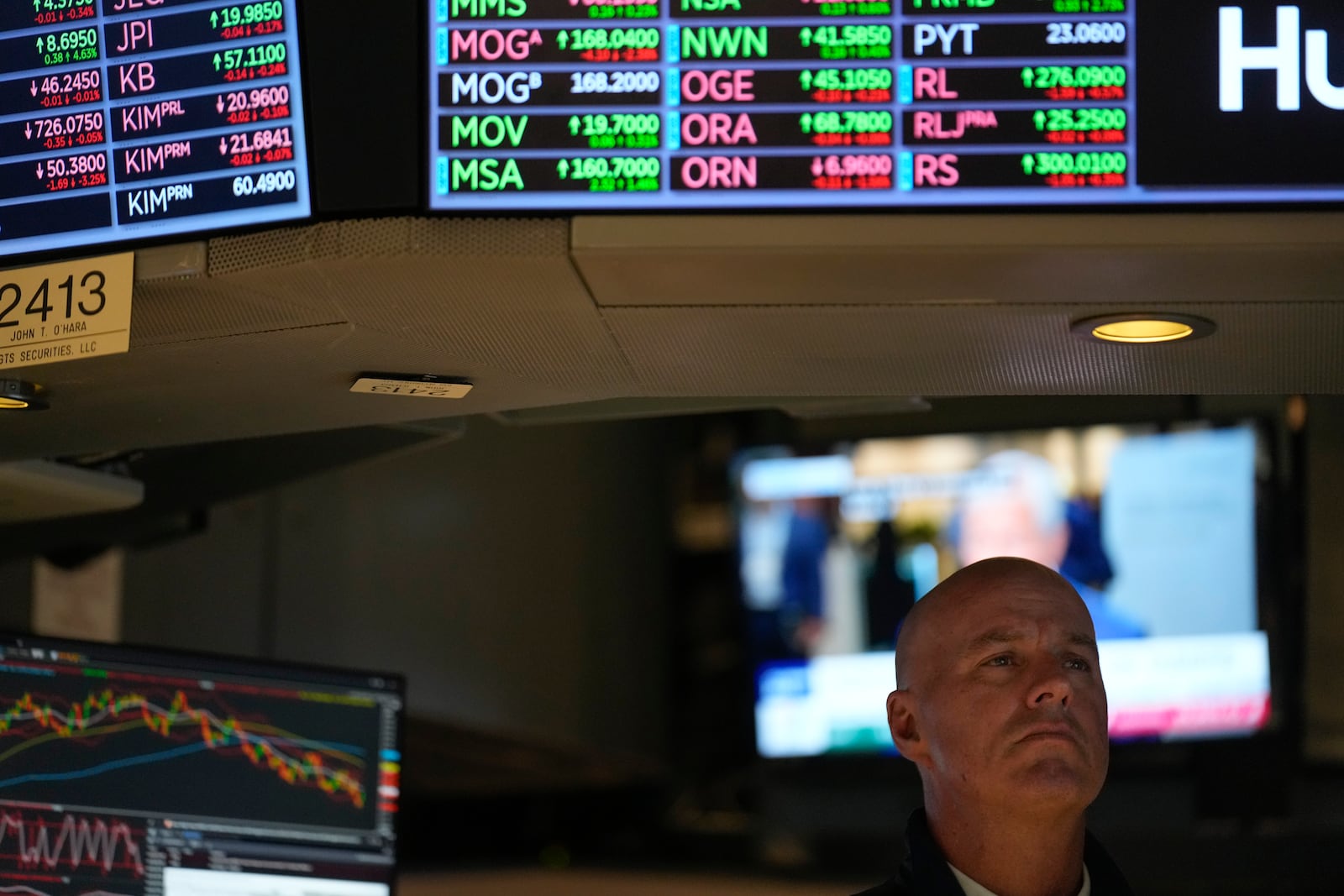 People work on the floor at the New York Stock Exchange in New York, Monday, Feb. 24, 2025. (AP Photo/Seth Wenig)