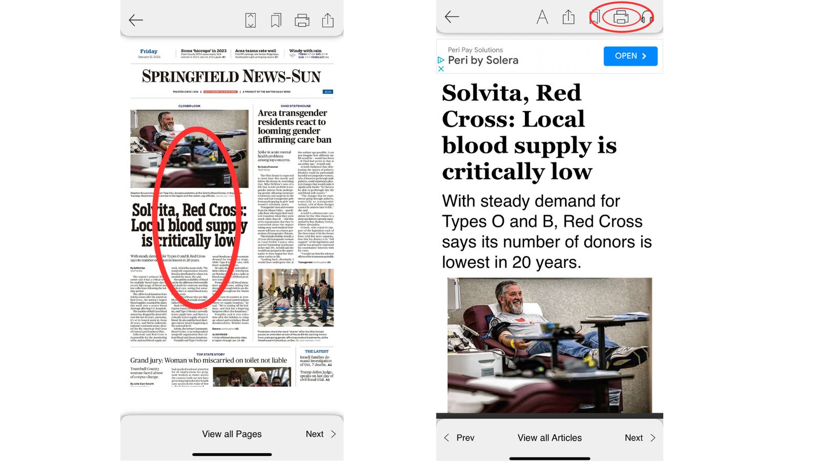 Open an article into article view and use the printer icon to send to your printer.