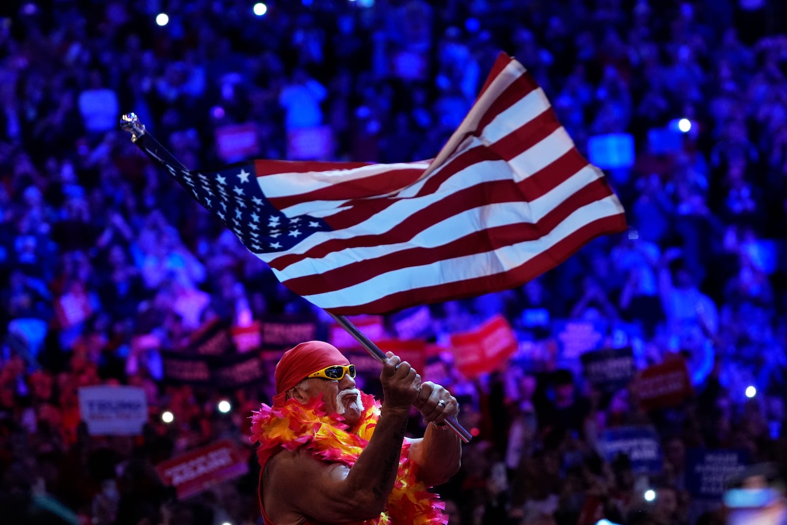 Hulk Hogan waves an American flag at a campaign rally for Republican presidential nominee former President Donald Trump at Madison Square Garden, Sunday, Oct. 27, 2024, in New York. (AP Photo/Julia Demaree Nikhinson)