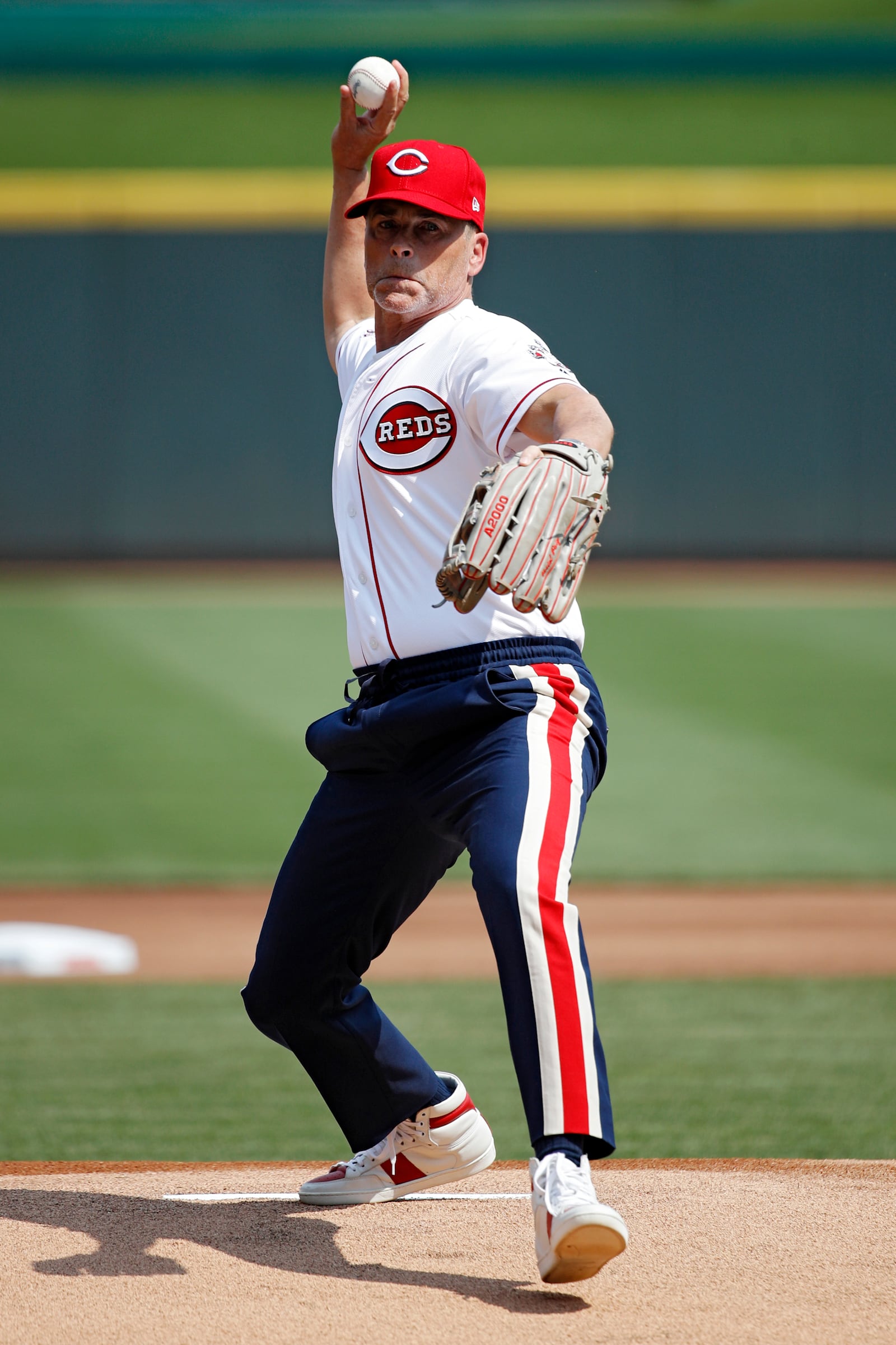 CINCINNATI, OH - JUNE 01: Actor and producer Rob Lowe throws out the first pitch prior to a game between the Cincinnati Reds and Washington Nationals at Great American Ball Park on June 1, 2019 in Cincinnati, Ohio. (Photo by Joe Robbins/Getty Images)