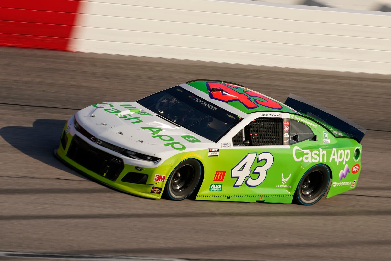 Bubba Wallace (43) runs during a NASCAR Cup Series auto race Sunday, Sept. 6, 2020, in Darlington, S.C. (AP Photo/Chris Carlson)