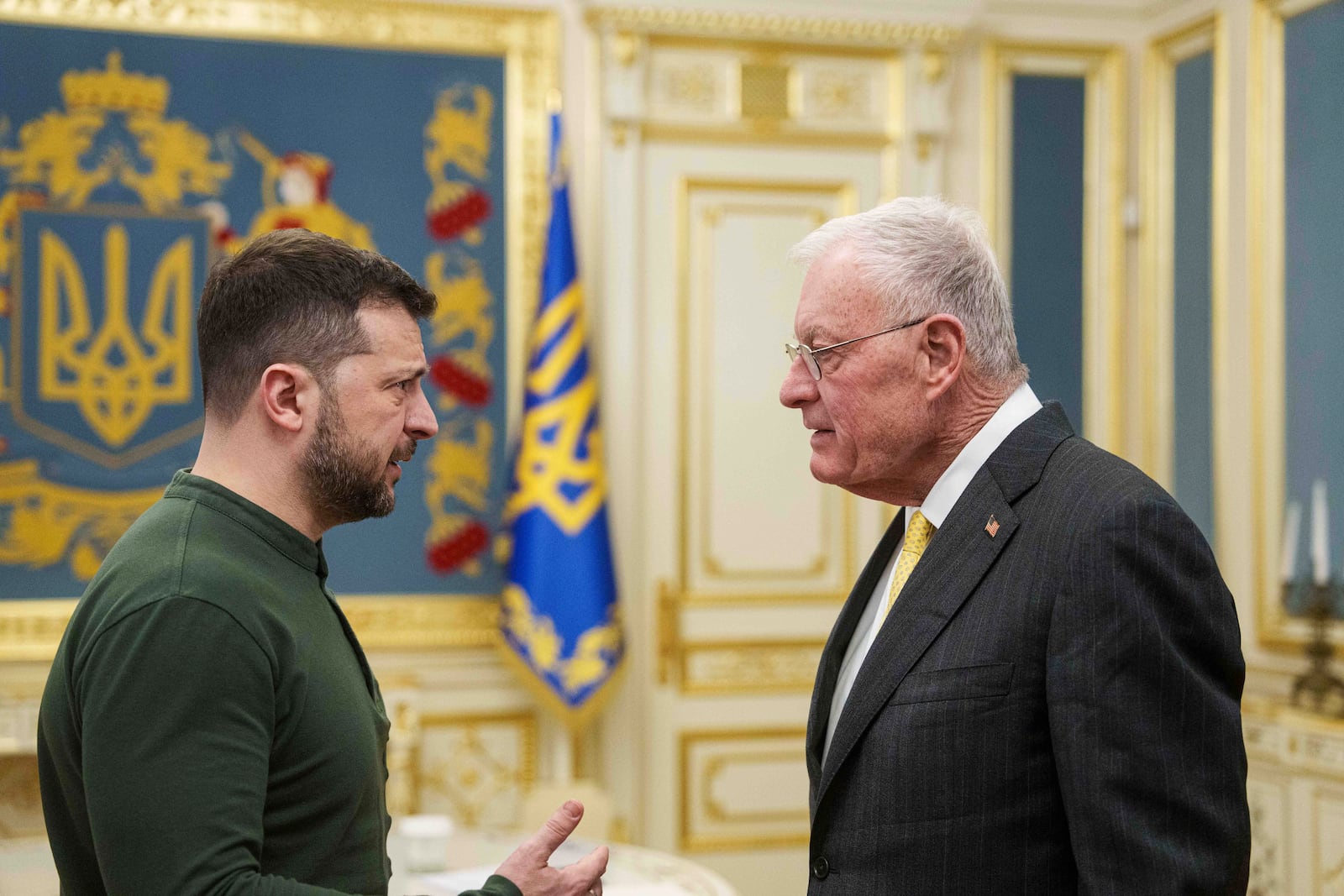 U.S. Special Envoy for Ukraine and Russia Keith Kellogg, right, and Ukraine's President Volodymyr Zelenskyy talk during their meeting in Kyiv, Ukraine, Feb. 20, 2025. (AP Photo/Evgeniy Maloletka)