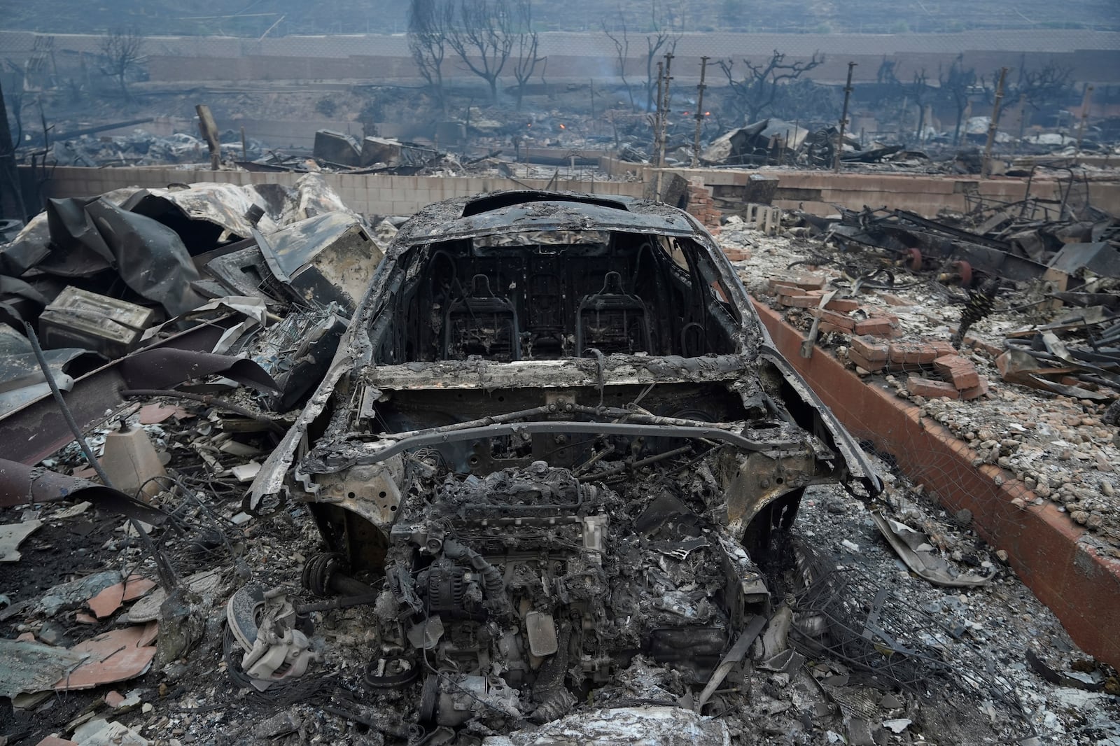 The Palisades Fire ravages a neighborhood amid high winds in the Pacific Palisades neighborhood of Los Angeles, Wednesday, Jan. 8, 2025. (AP Photo/Damian Dovarganes)