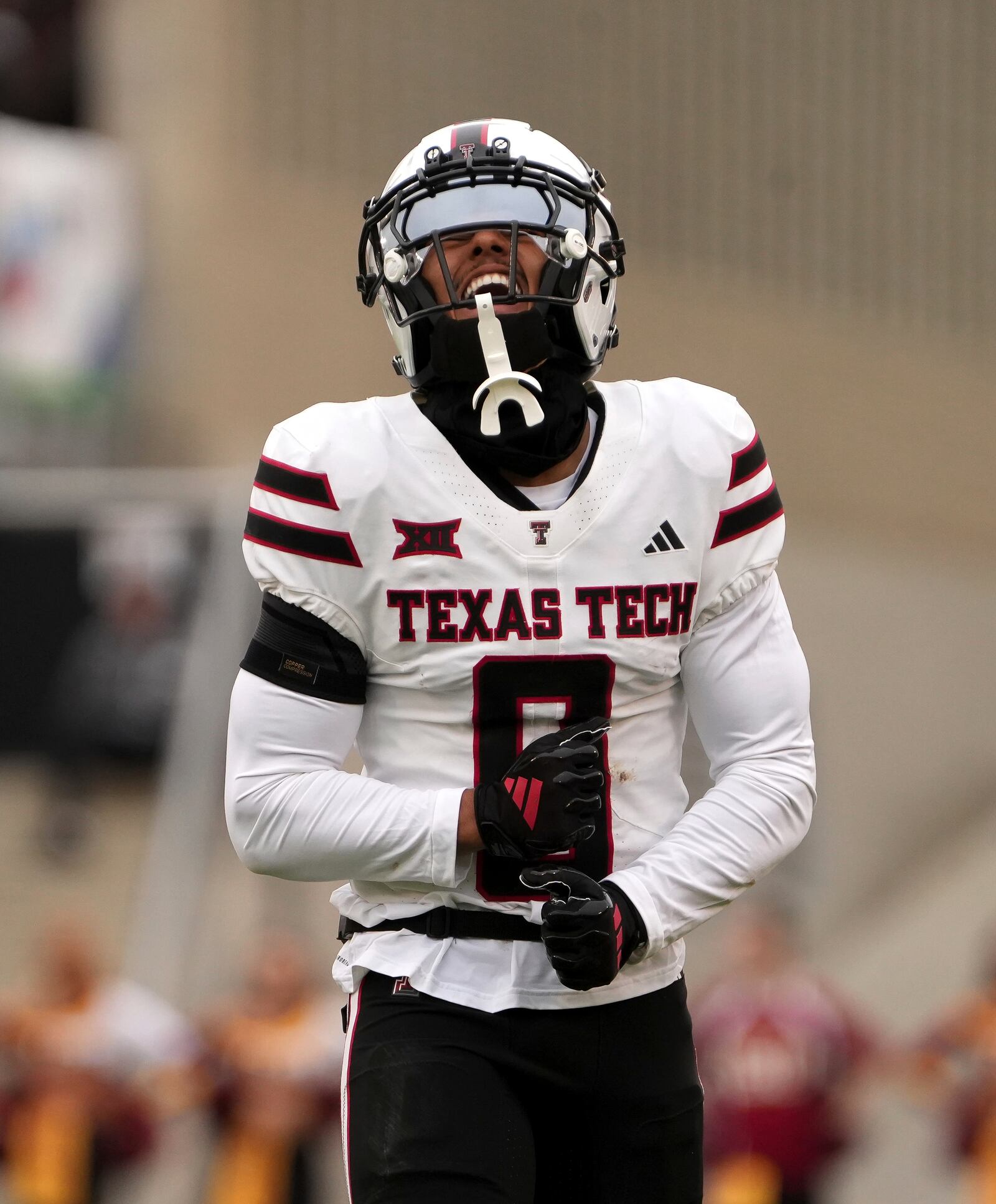 Texas Tech defensive back Bralyn Lux reacts after making a defensive stop against Iowa State during the first half of an NCAA college football game, Saturday, Nov. 2, 2024, in Ames, Iowa. (AP Photo/Bryon Houlgrave)