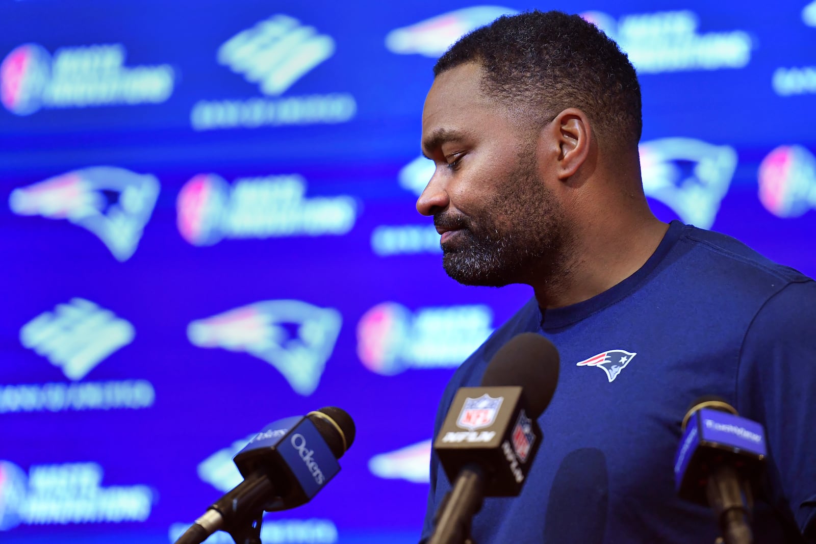 New England Patriots head coach Jerod Mayo departs after answering questions following an NFL football game against the Buffalo Bills, Sunday, Jan. 5, 2025, in Foxborough, Mass. Mayo was fired shortly after the news conference. (AP Photo/Steven Senne)