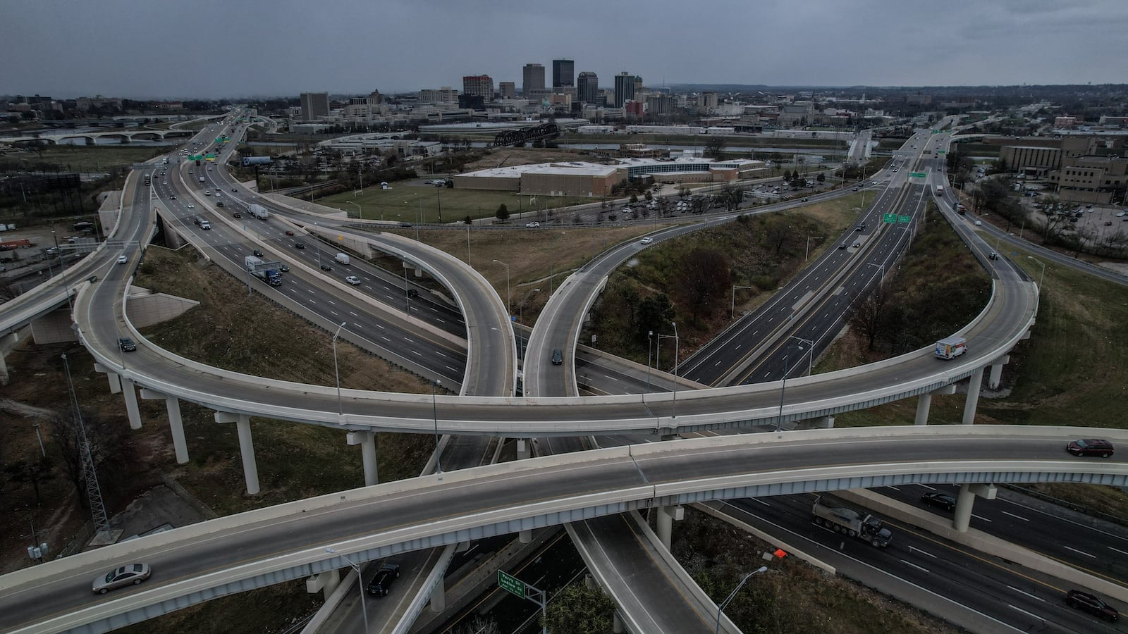 This is a drone photo of the convergence of U.S. 35 and Interstate 75 with the city of Dayton in the background taken in November 2022. JIM NOELKER/STAFF