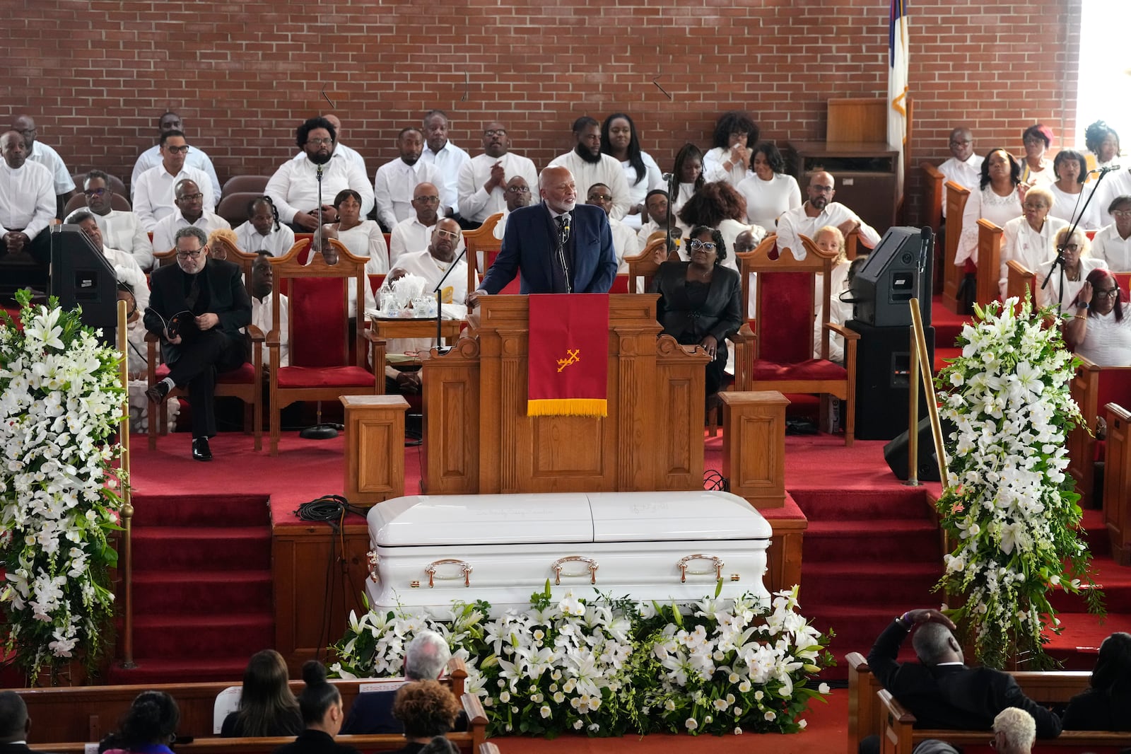 A. Curtis Farrow speaks during a ceremony celebrating the life of Cissy Houston on Thursday, Oct. 17, 2024, at the New Hope Baptist Church in Newark, N.J. (Photo by Charles Sykes/Invision/AP)