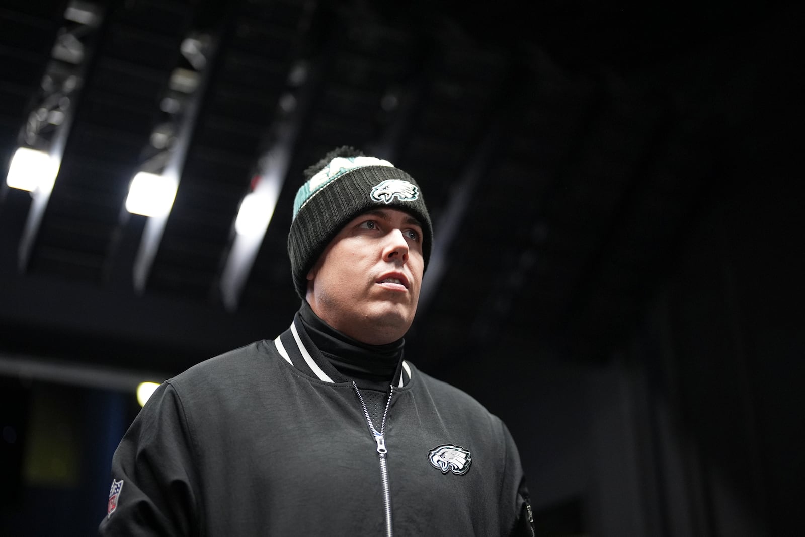 Philadelphia Eagles offensive coordinator Kellen Moore walks to the field before the NFC Championship NFL football game against the Washington Commanders, Sunday, Jan. 26, 2025, in Philadelphia. (AP Photo/Matt Slocum)