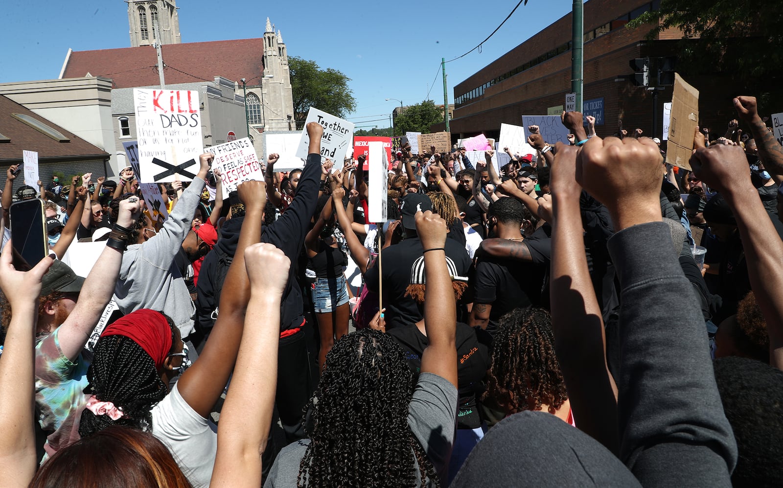 Protesters block the intersection of North Fountain Avenue and North Street. BILL LACKEY/STAFF