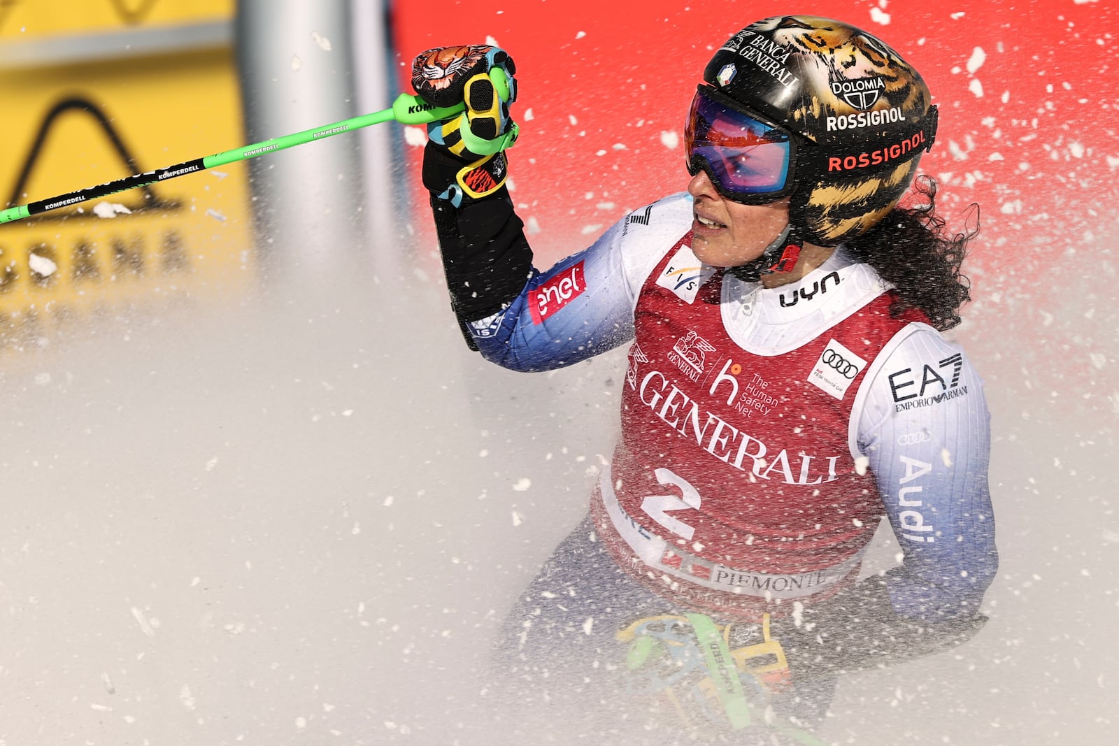 Italy's Federica Brignone celebrates winning an alpine ski, women's World Cup giant slalom, in Sestriere, Italy, Friday, Feb. 21, 2025. (AP Photo/Marco Trovati)