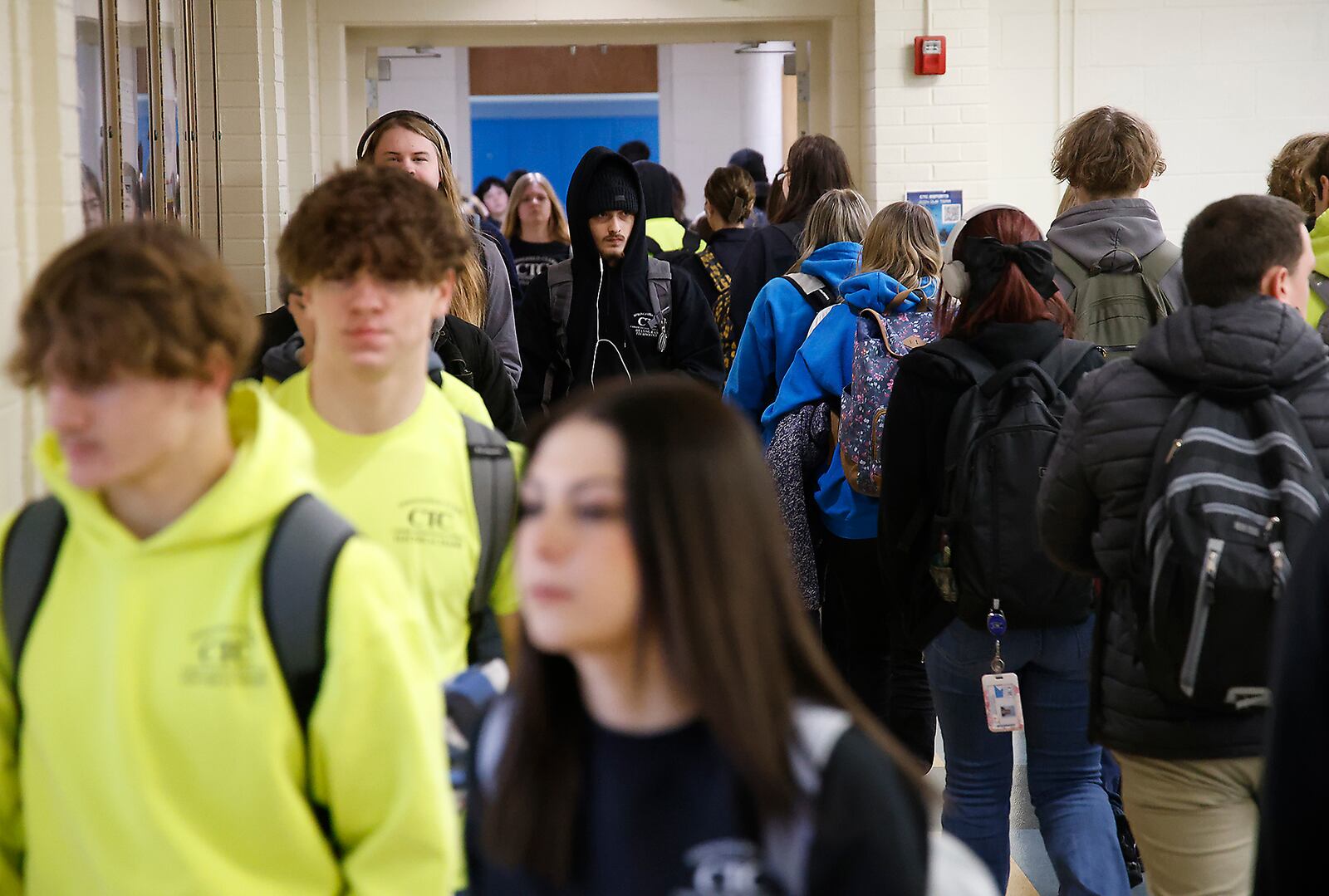 Students walk down a narrow hallway during a class change Tuesday, Feb. 14, 2024 at the Springfield/Clark CTC. BILL LACKEY/STAFF