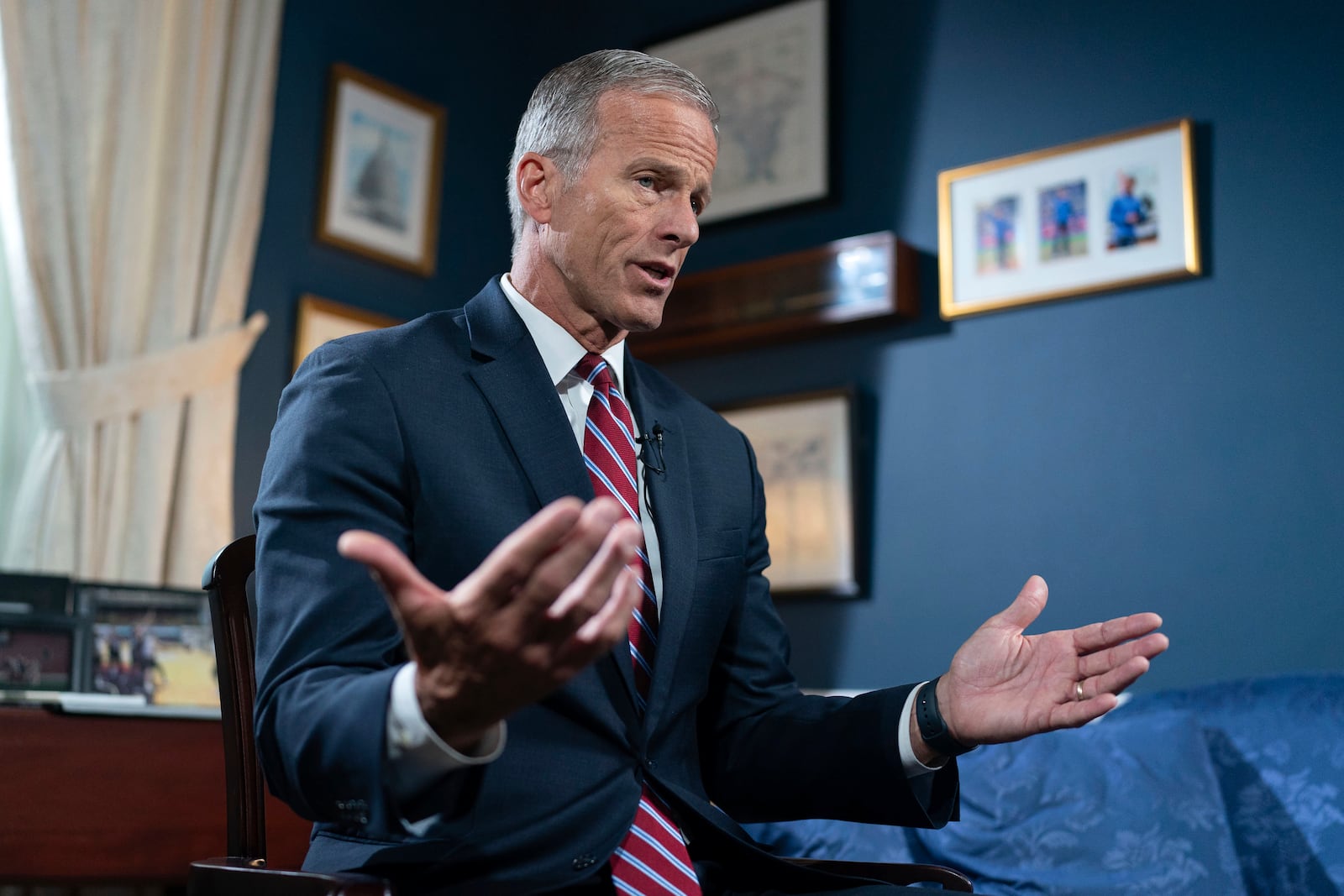 Senate Minority Whip John Thune, R-S.D., speaks during an interview with The Associated Press at the Capitol in Washington, Wednesday, Sept. 11, 2024. (AP Photo/Jose Luis Magana)