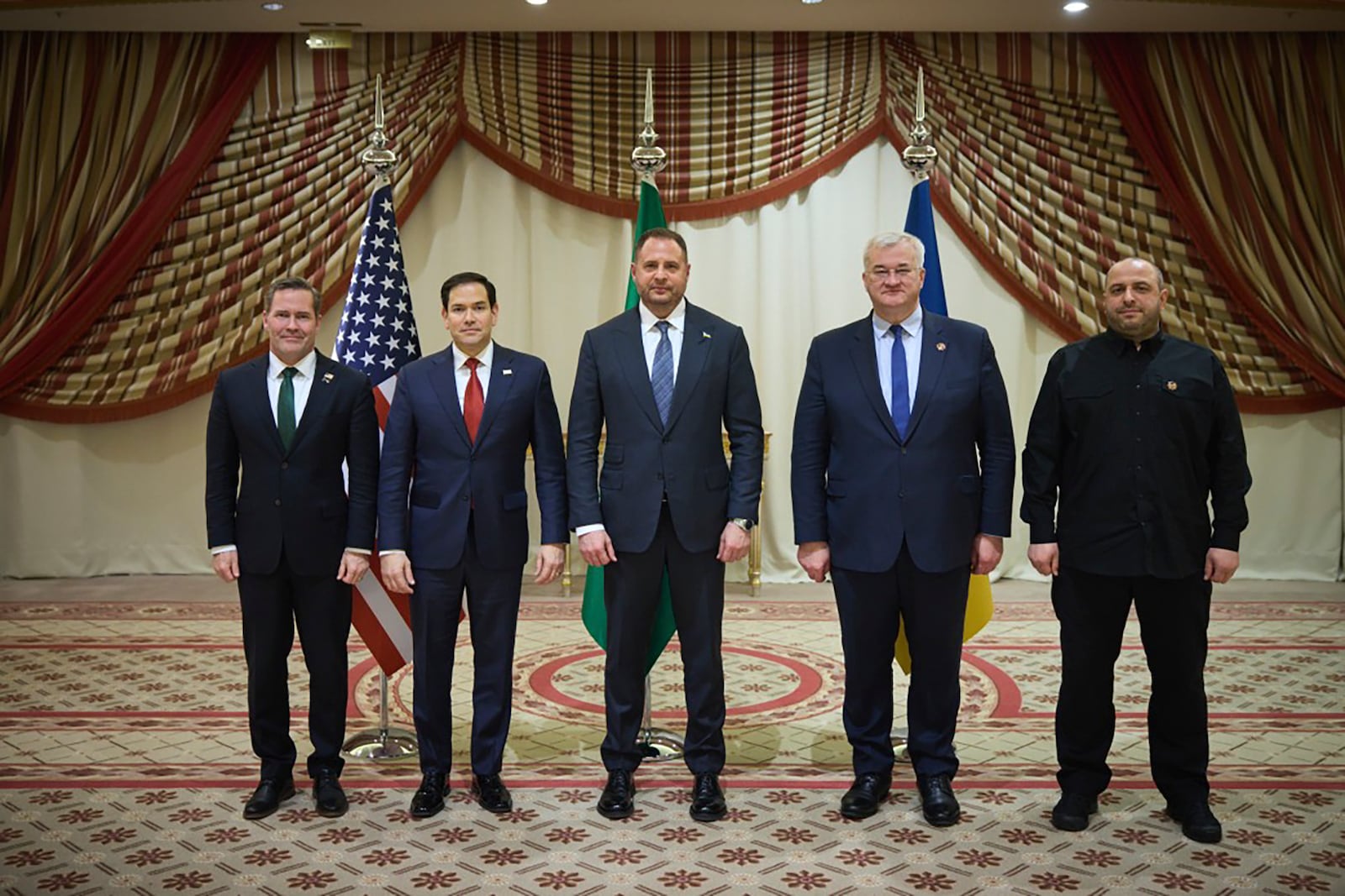 In this photo provided by the Ukrainian Presidential Press Office, From left, US National Security Advisor Mike Waltz, US Secretary of State Marco Rubio, Ukrainian Head of Presidential Office Andriy Yermak, Ukrainian Foreign Minister Andrii Sybiha, and Ukrainian Minister of Defense Rustem Umerov pose for a photo after meeting in Jeddah, Saudi Arabia, Tuesday, March 11, 2025. (Ukrainian Presidential Press Office via AP)