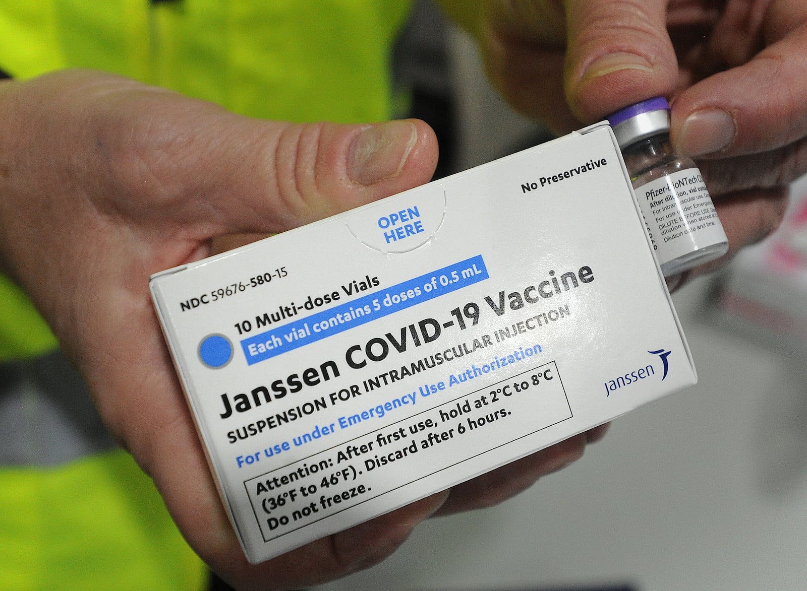 Members of  the Dayton & Montgomery County Public Health, prepare for the COVID-19 vaccination clinic Wednesday, April 28, 2021 at the Sinclair College Centerville, located at 5800 Clyo Rd. MARSHALL GORBY\STAFF