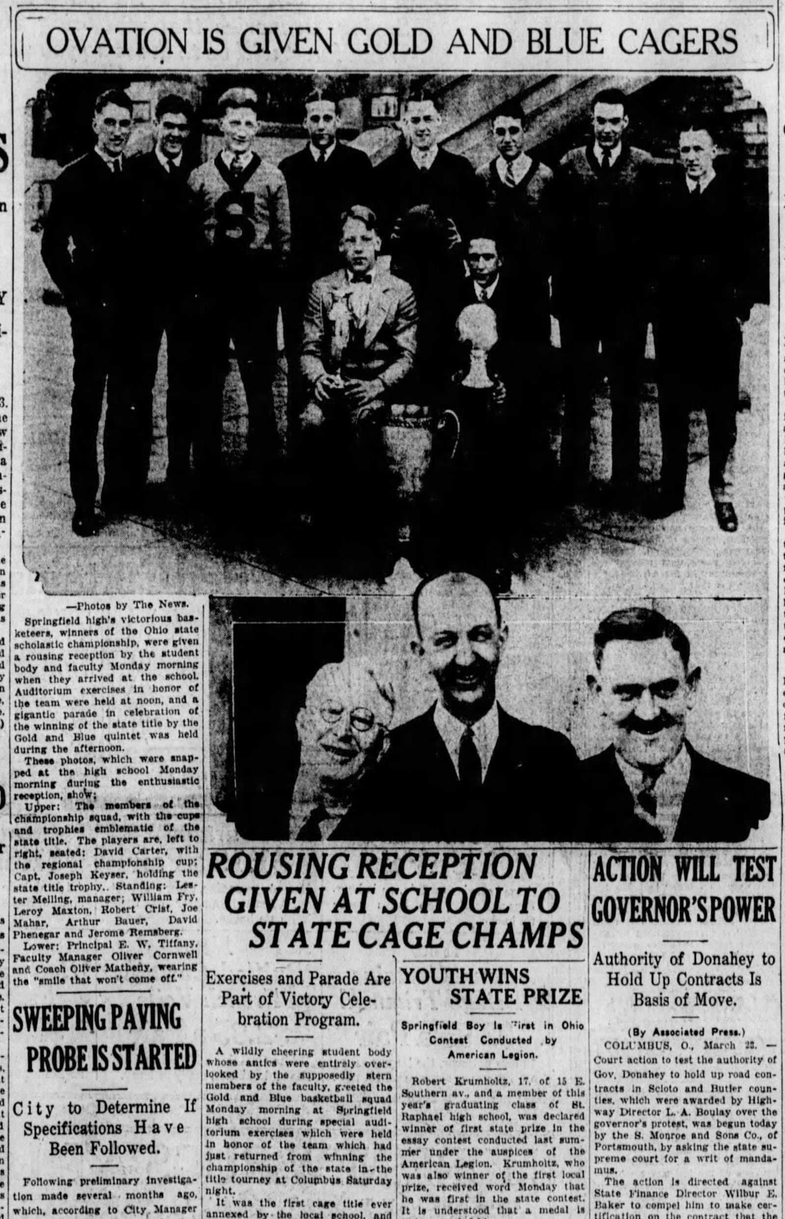 The 1925 Springfield High School boys basketball team poses with the trophy after bringing it back to the school on Monday, March 23, 1925. FILE