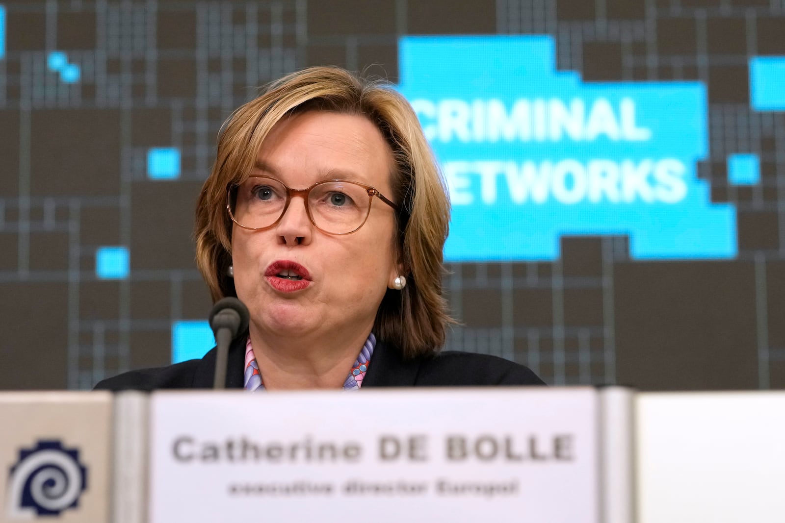 FILE - Europol Executive-Director Catherine De Bolle, addresses a media conference, in Brussels, Friday, April 5, 2024. (AP Photo/Virginia Mayo, File)