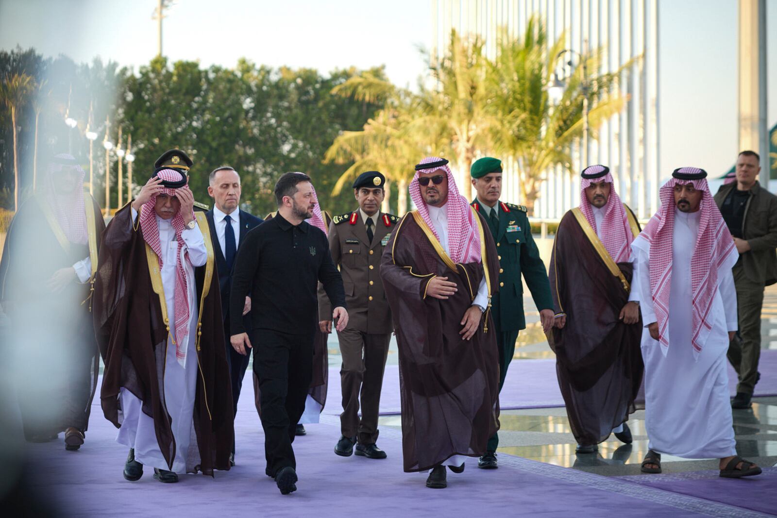 In this photo provided by the Ukrainian Presidential Press Office, Ukrainian President Volodymyr Zelenskyy, center left, meets with Prince Saud bin Mishaal, deputy governor of Saudi Arabia's Mecca region, center right, in Riyadh, Saudi Arabia, Monday, March 10, 2025. (Ukrainian Presidential Press Office via AP)