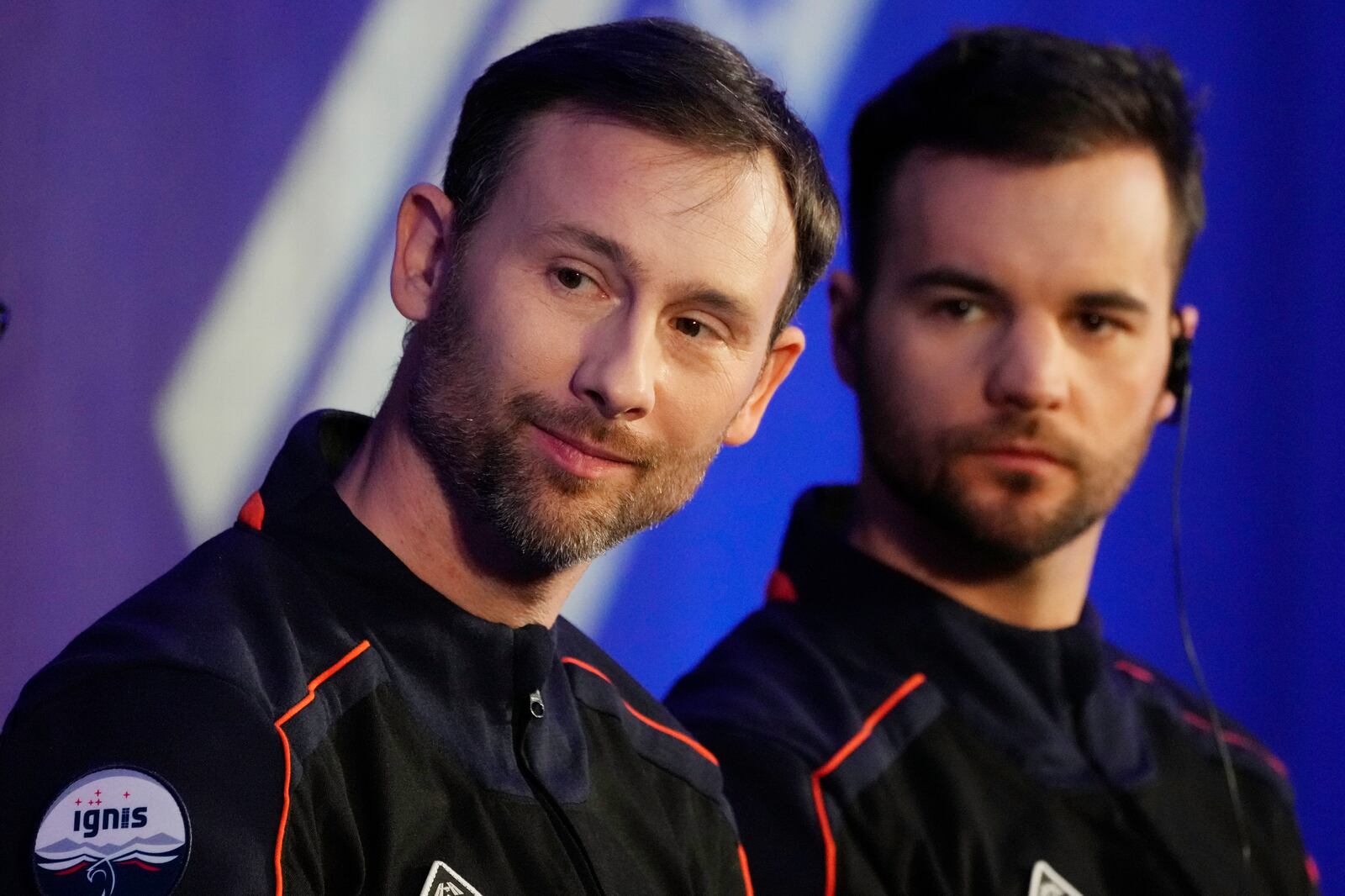 Ax-4 scientific space mission with crew members Slawosz Uznanski-Wisniewski of Poland, left, and Tibor Kapu of Hungary during a media event where they talked about their preparations, at the Copernicus Science Center in Warsaw, Poland, Wednesday, Feb. 5, 2025. (AP Photo/Czarek Sokolowski)