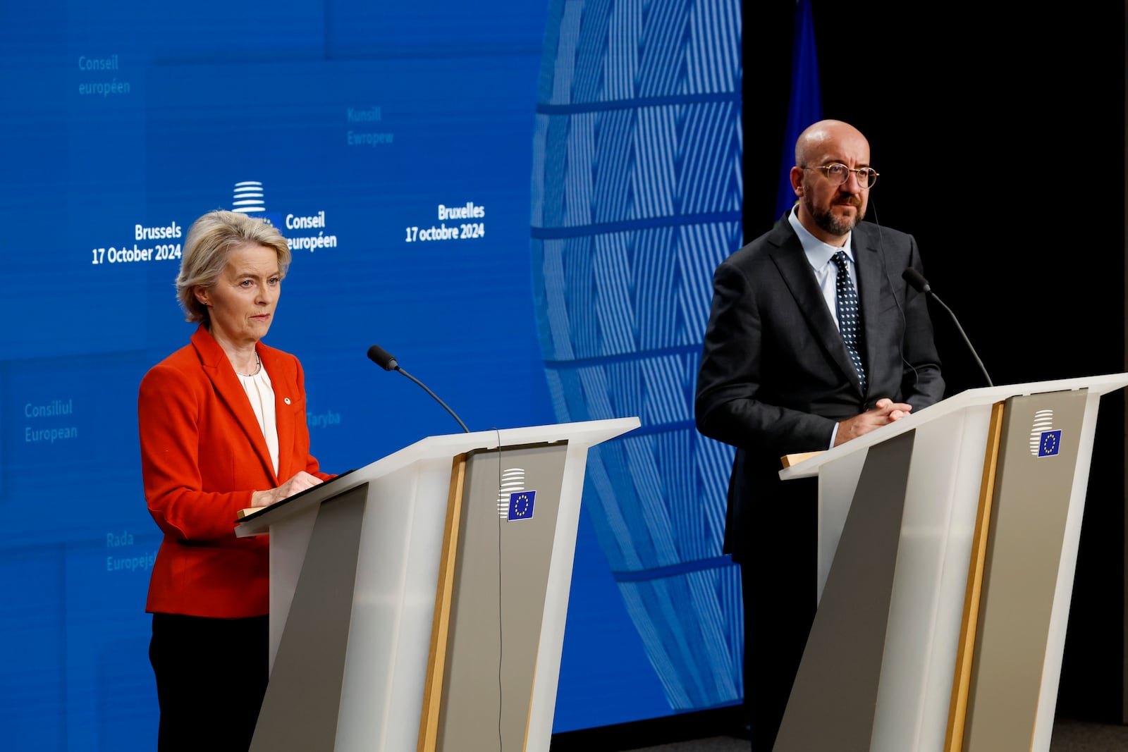 European Commission President Ursula von der Leyen, left, and European Council President Charles Michel participate in a media conference at an EU summit in Brussels, Thursday, Oct. 17, 2024. (AP Photo/Geert Vanden Wijngaert)